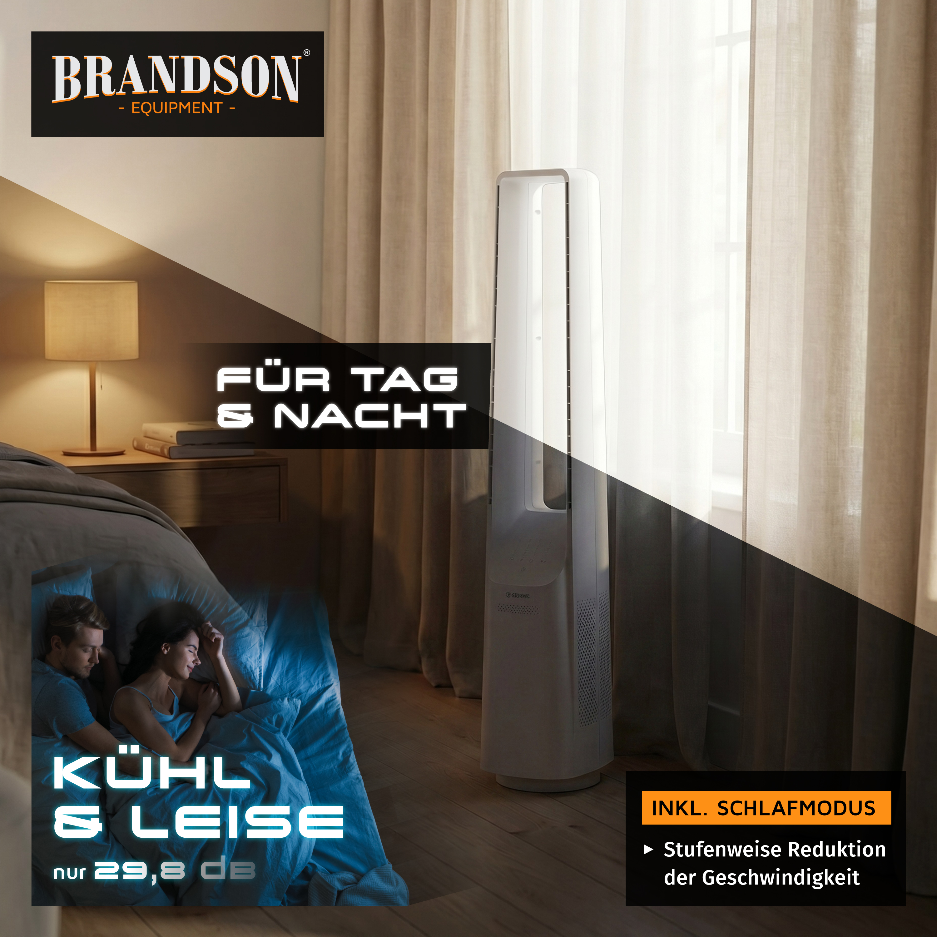 Brandson Turmventilator in Weiß mit modernem Design, geeignet für den Einsatz im Schlafzimmer, leise im Schlafmodus.