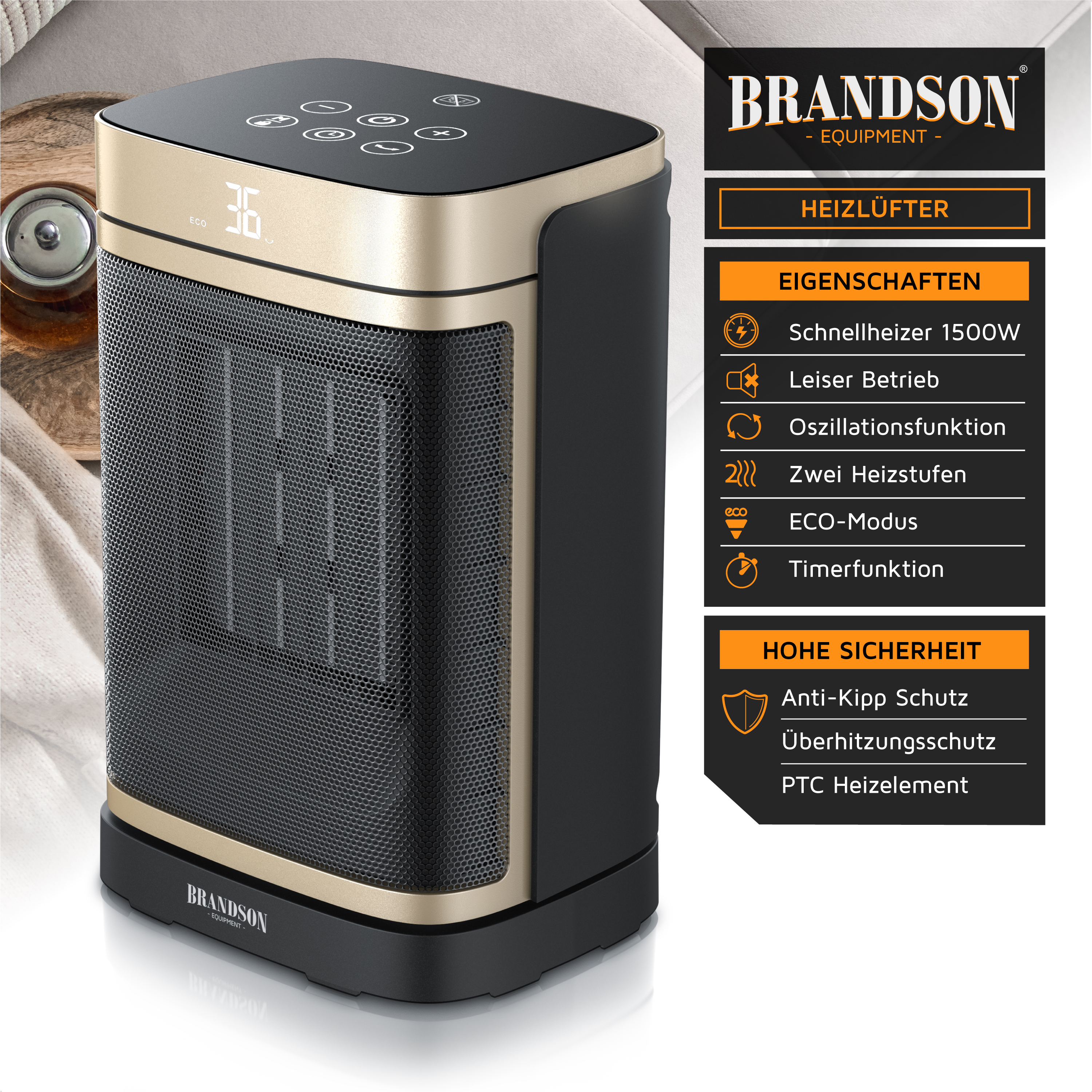 Brandson Heizlüfter in Schwarz und Gold mit Bedienfeld, LED-Display und Sicherheitsfunktionen für leisen Betrieb und effiziente Wärme.