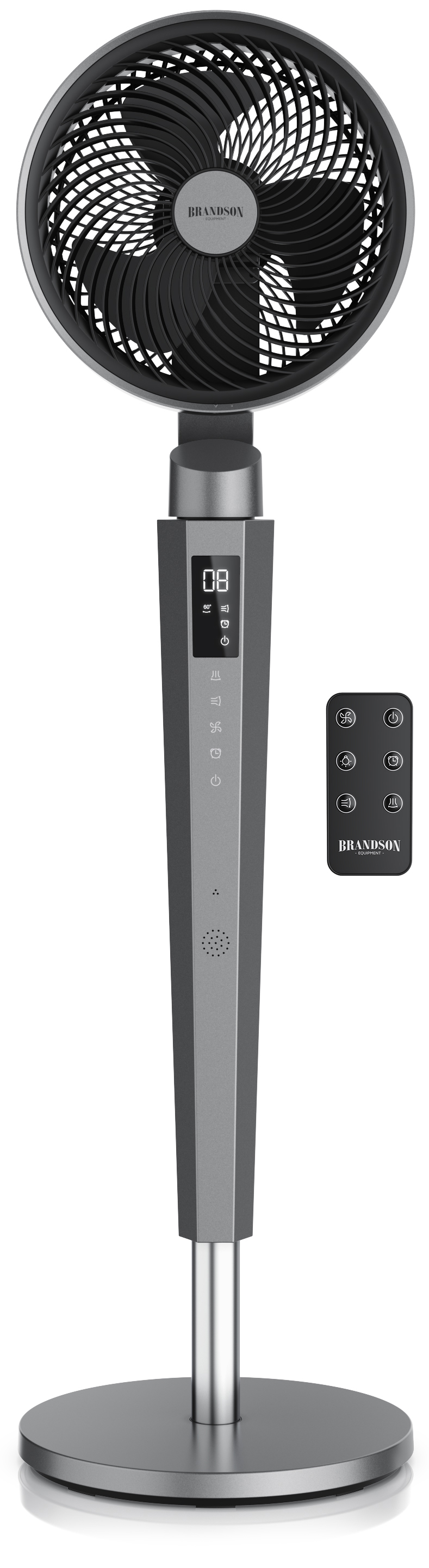 Standventilator von Brandson im eleganten silbernen Design mit Digitalanzeige und Fernbedienung, stabilem Sockel und moderner Ästhetik.