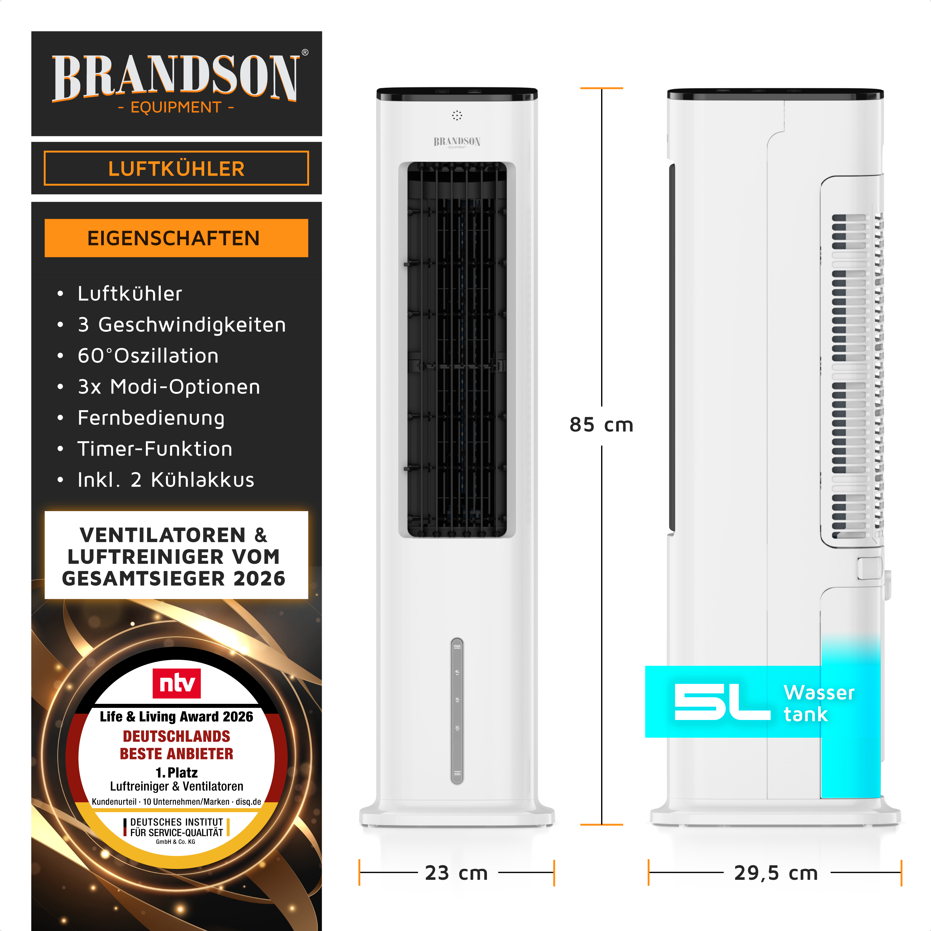 Brandson-Luftkühler in Weiß mit schlankem Turmdesign, einem Bedienfeld, einer Fernbedienung und einem 5-Liter-Wassertank.