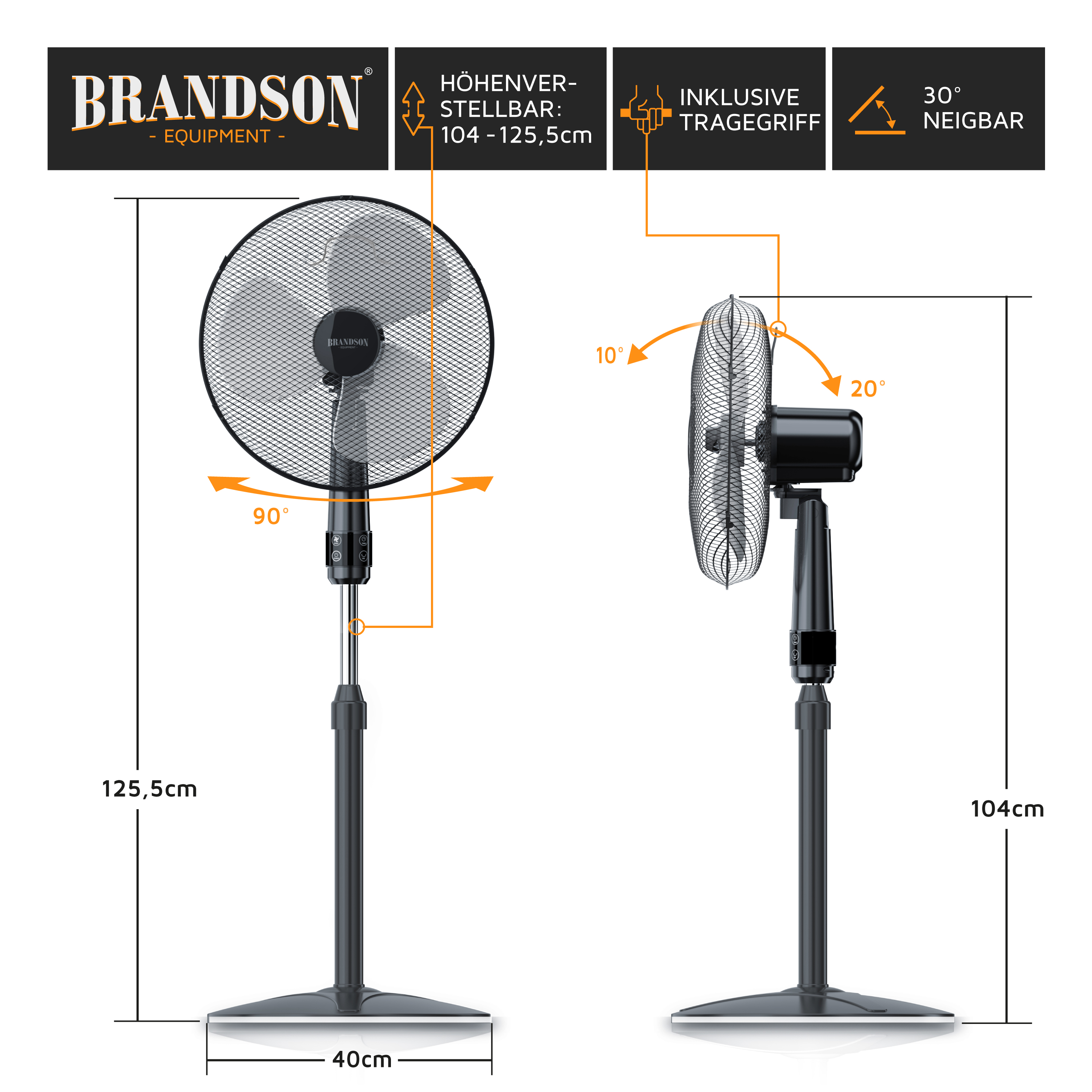 Brandson Standventilator mit höhenverstellbarem Standfuß, neigbarem Kopf und Traggriff in Schwarz.