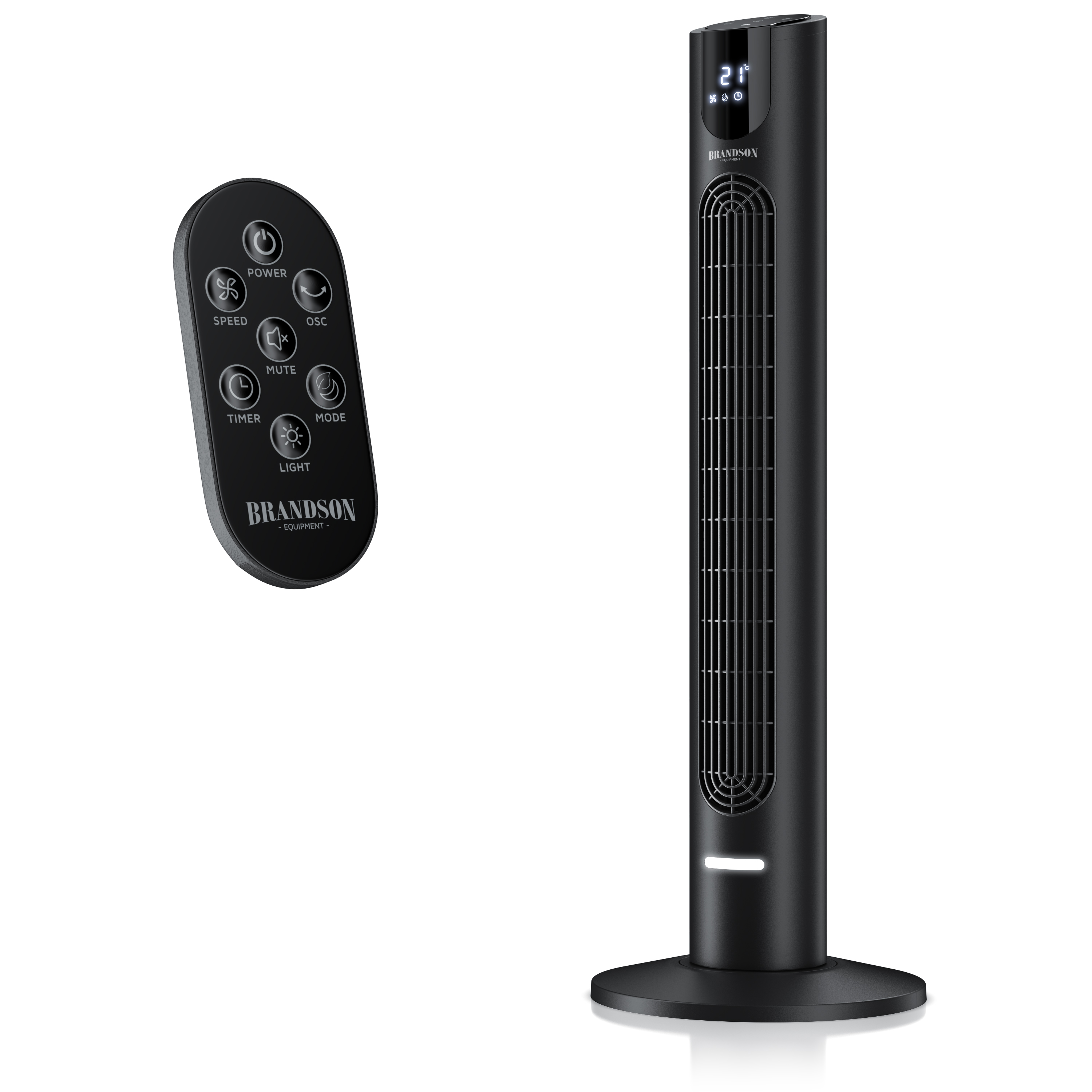 Brandson Turmventilator in Schwarz mit elegantem Design, Digitalanzeige und Fernbedienung für bequeme Bedienung.