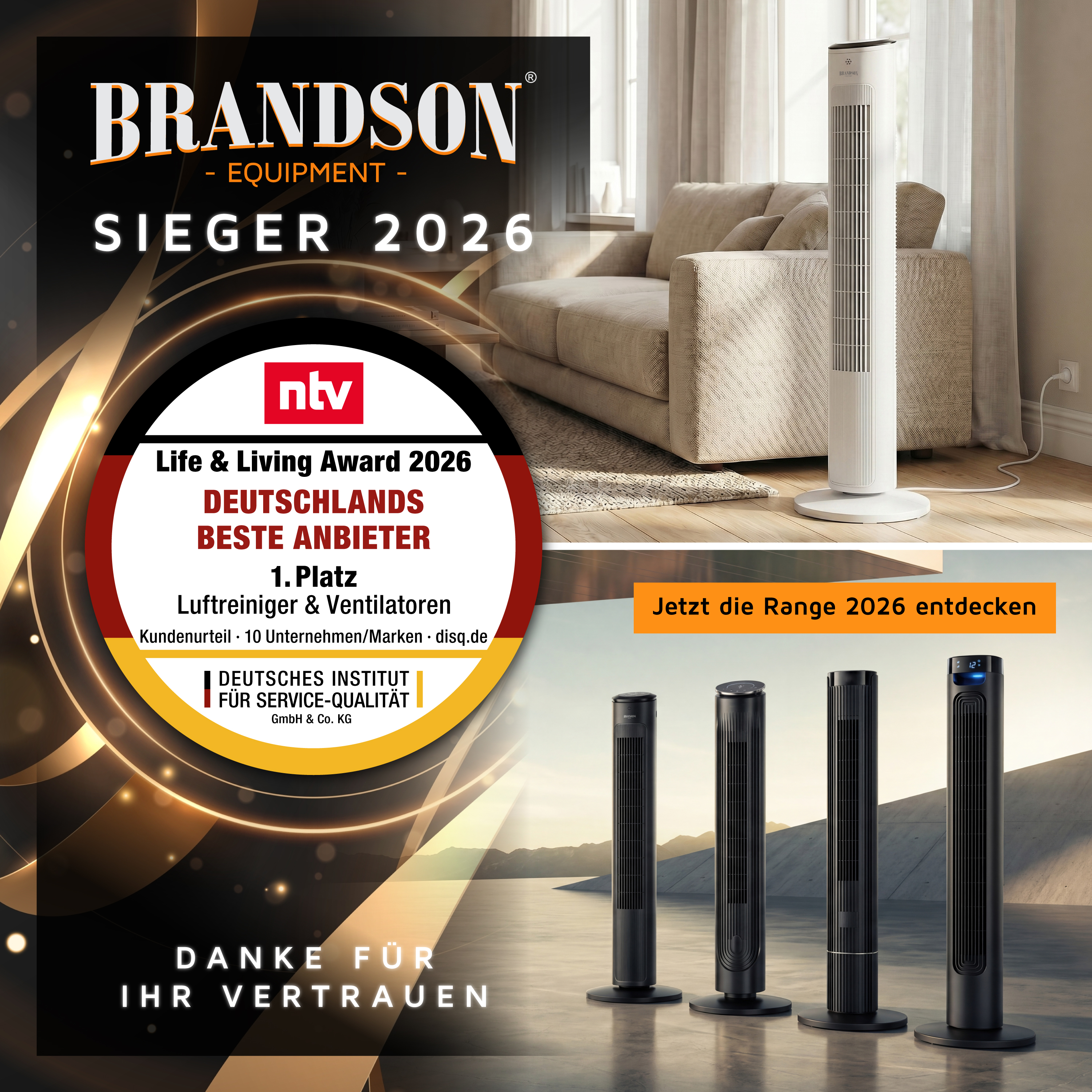 Brandson Turmventilator in Weiß mit schlanker Bauform, Standfuß und Bedienfeld, präsentiert in einem modernen Wohnraum.