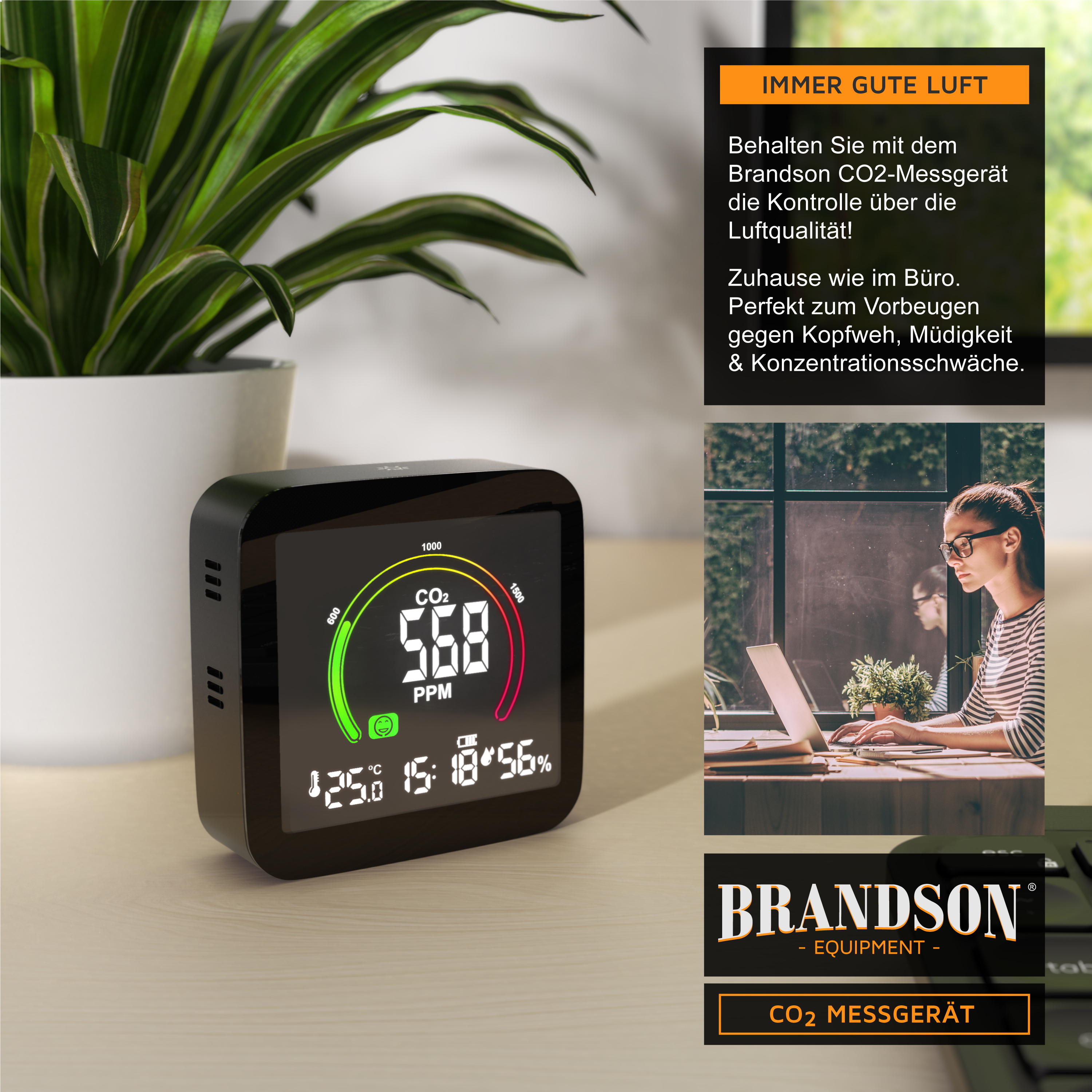 Brandson CO2-Messgerät im schwarzen Gehäuse mit digitalem Display zur Anzeige von CO2-Werten, Temperatur und Luftfeuchtigkeit.