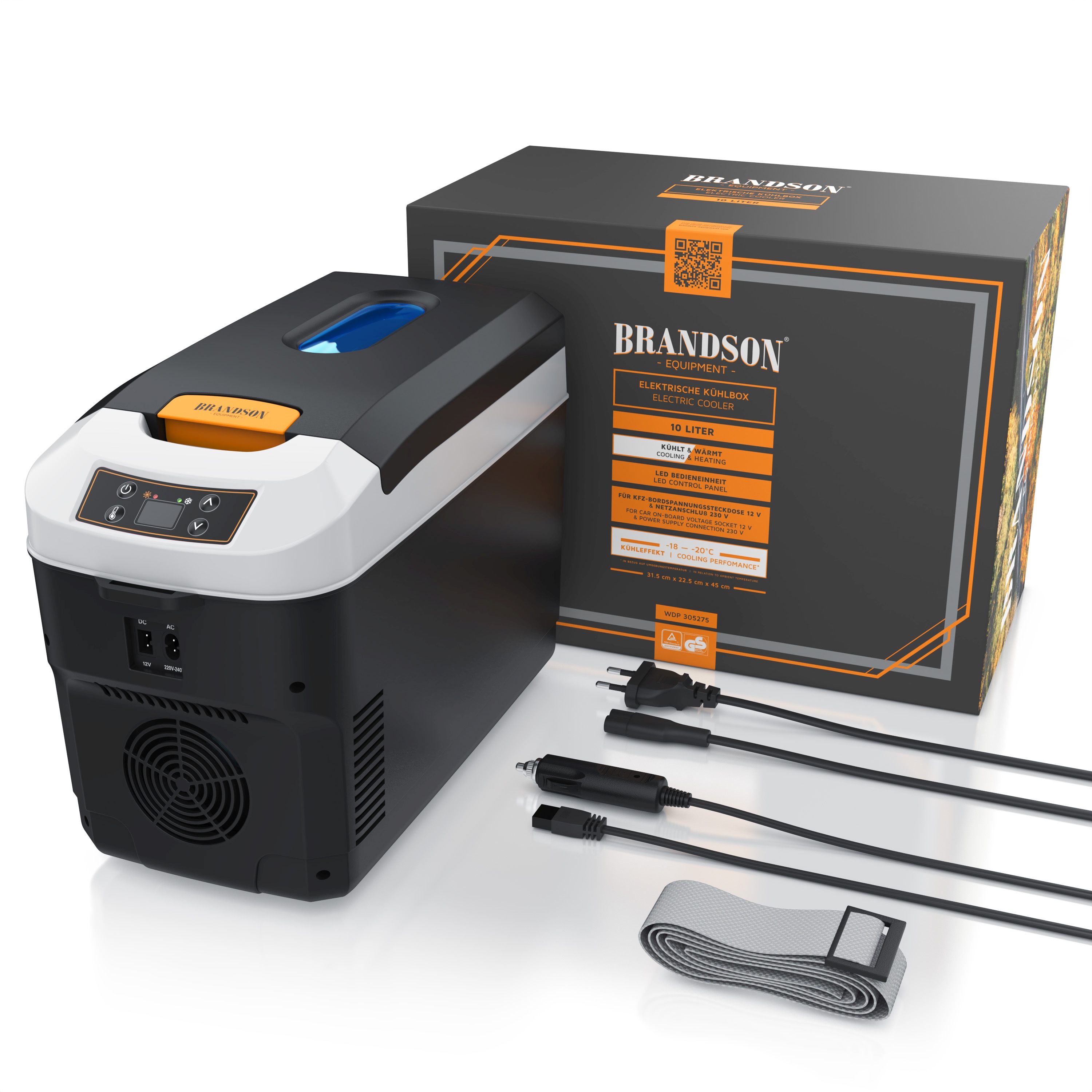 Elektrische Kühlbox von Brandson mit einem Fassungsvermögen von 10 Litern, einem Bedienfeld, LED-Anzeigen und verschiedenen Stromkabeln, inklusive Verpackung.