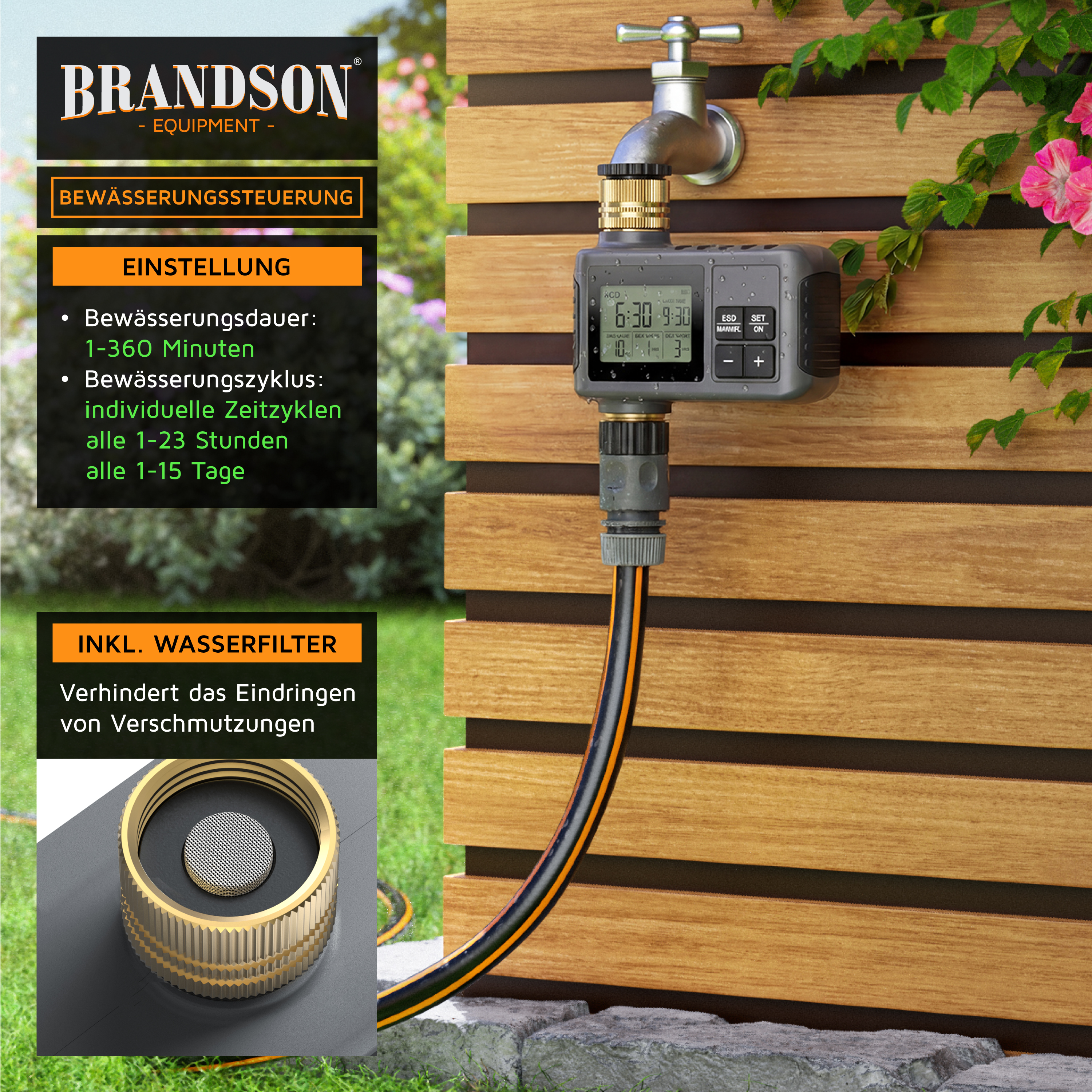 Brandson Bewässerungssteuerung mit digitalem Display, wasserdichtem Gehäuse und Wasserfilter, montiert an einem Wasserhahn in einem Garten.