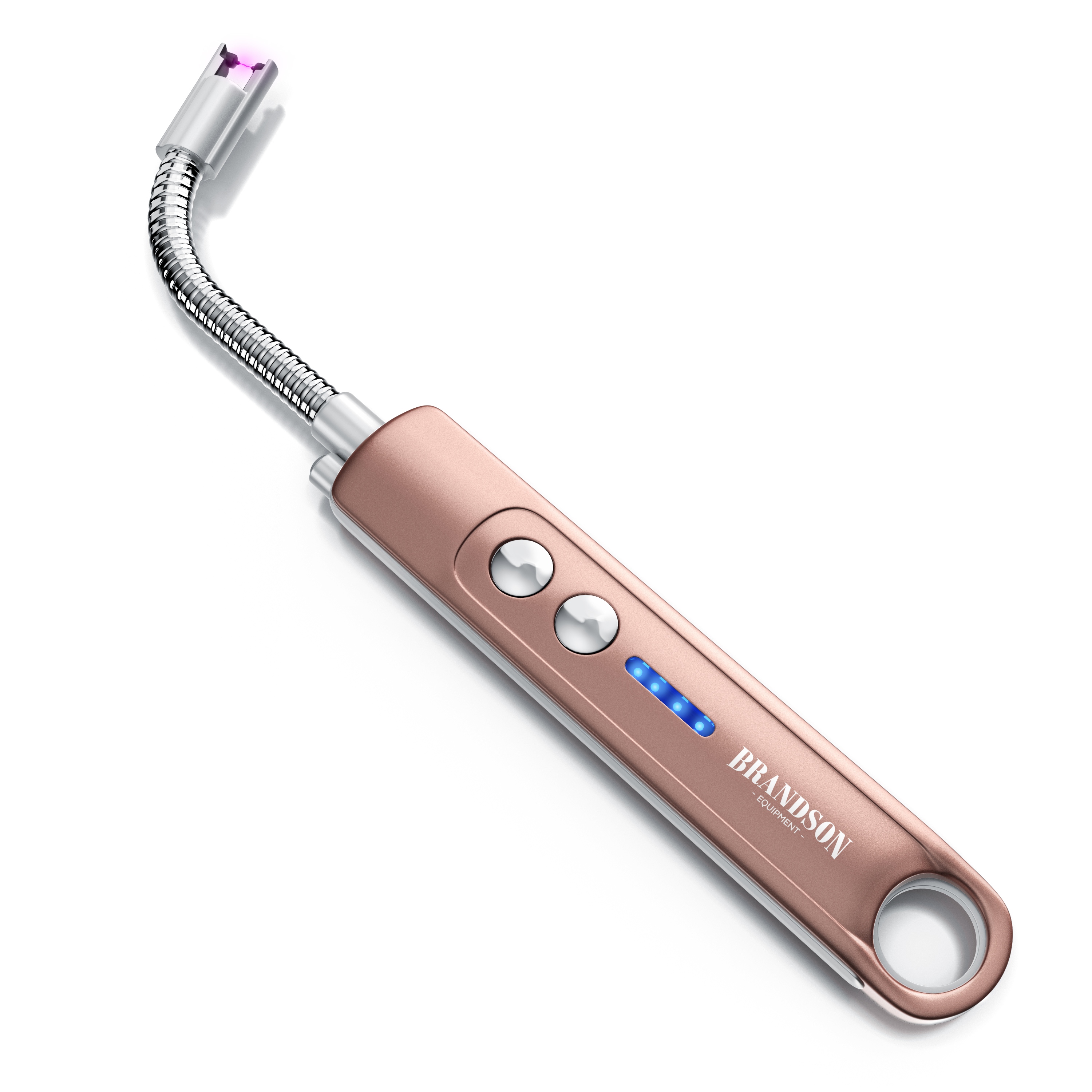 Brandson-Feuerzeug mit flexiblem Hals, roségoldenem Gehäuse, zwei Bedienknöpfen und LED-Anzeige für einfache Bedienung.