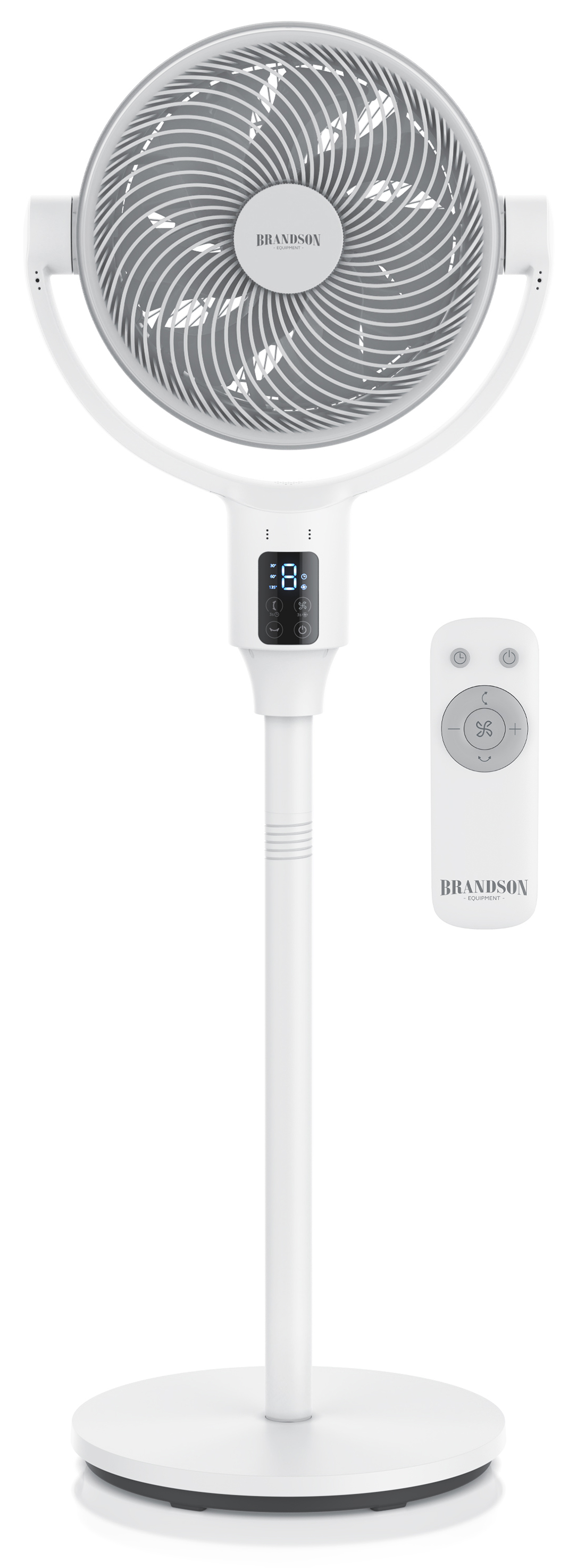 Standventilator von Brandson in Weiß mit rundem Gitter, Digitalanzeige und Fernbedienung für effiziente Luftzirkulation.