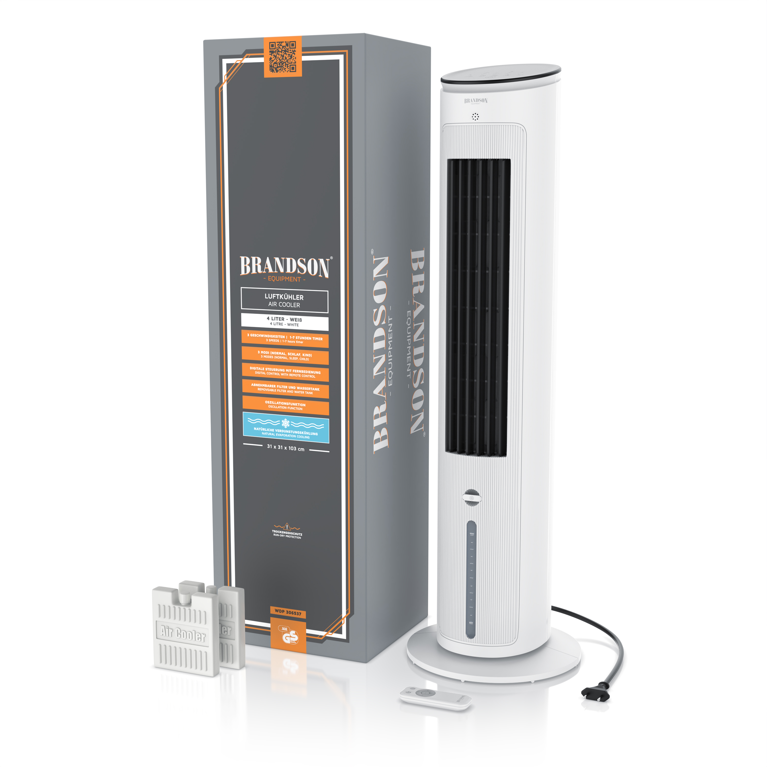 Brandson-Luftkühler in Weiß mit elegantem Turmdesign, Bedienfeld und Fernbedienung, inklusive Verpackung.
