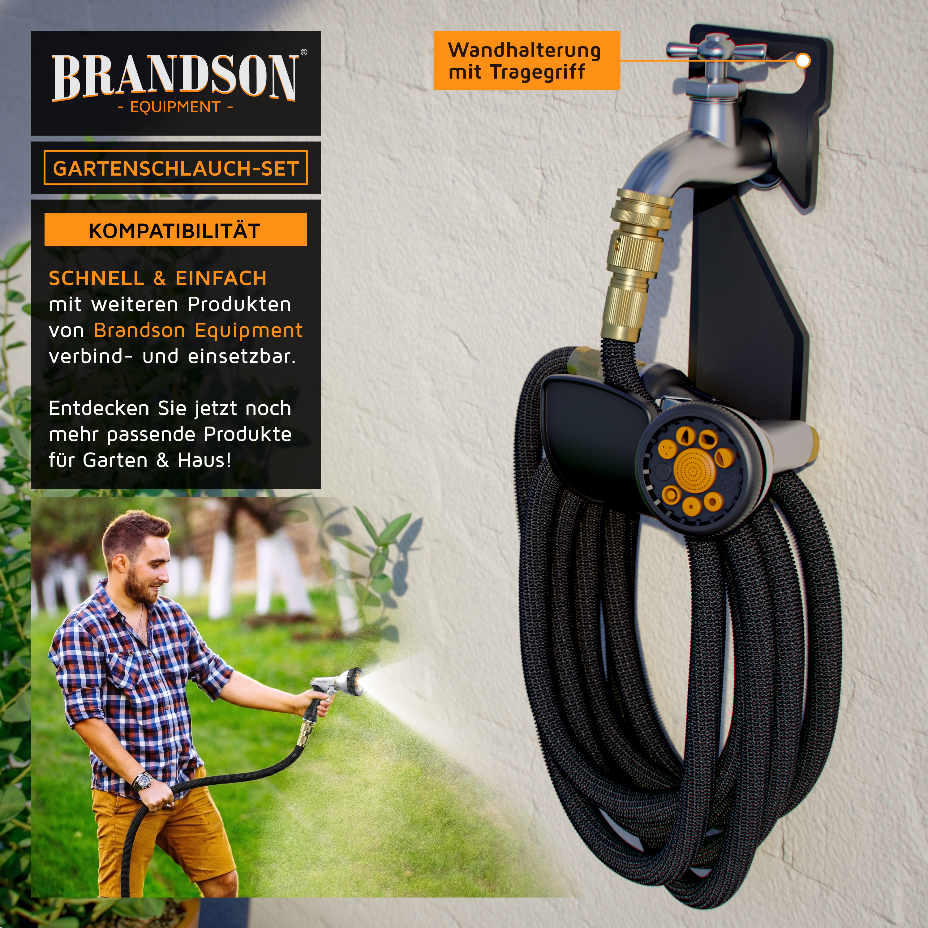 Brandson Gartenschlauch-Set mit Wandhalterung und Tragegriff, schwarzer Schlauch und orangefarbener Spritzdüse, ideal für Gartenarbeiten.