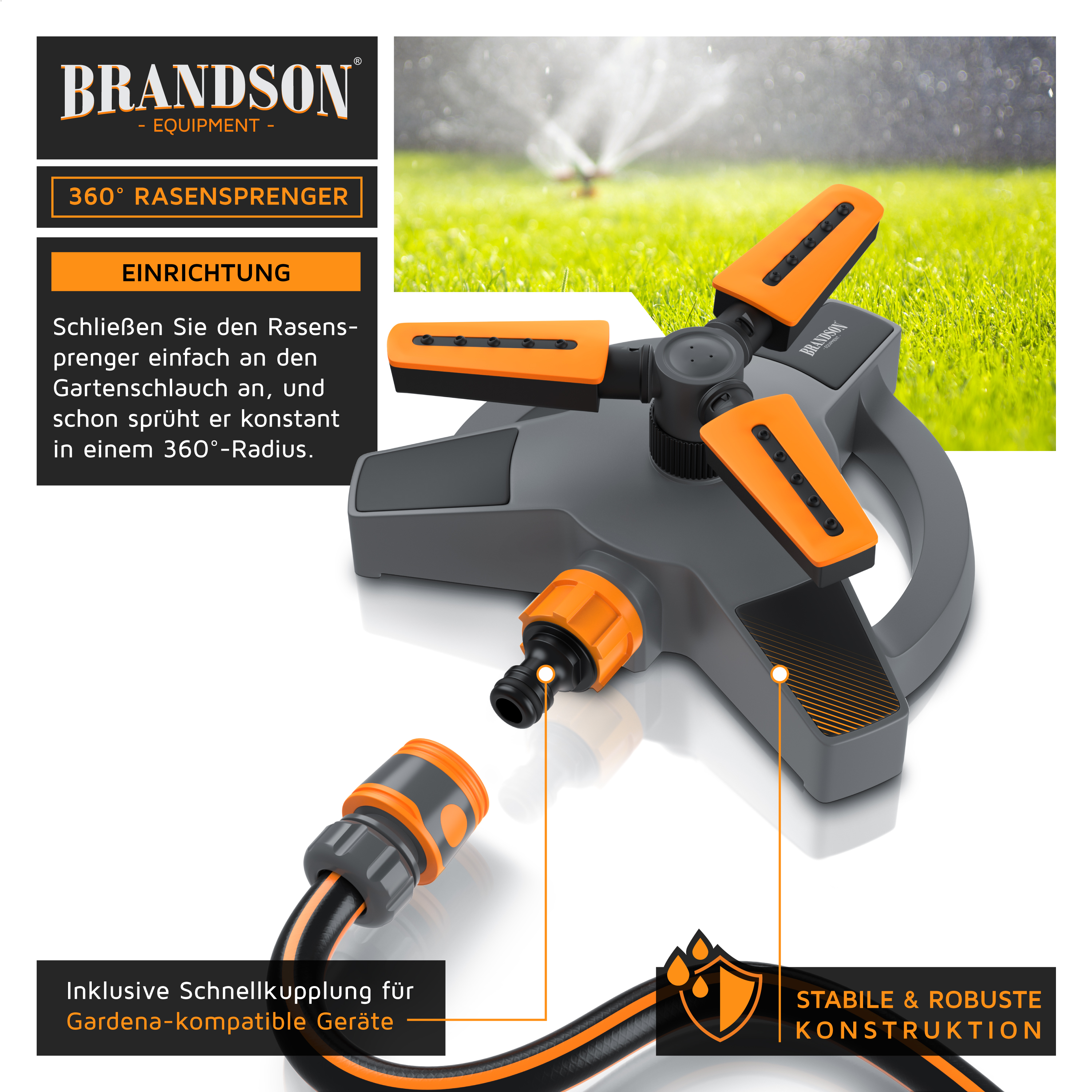 Brandson 360° Rasensprenger mit stabiler Konstruktion, orangefarbenen Sprühdüsen und Schnellkupplung für Gardena-kompatible Geräte.