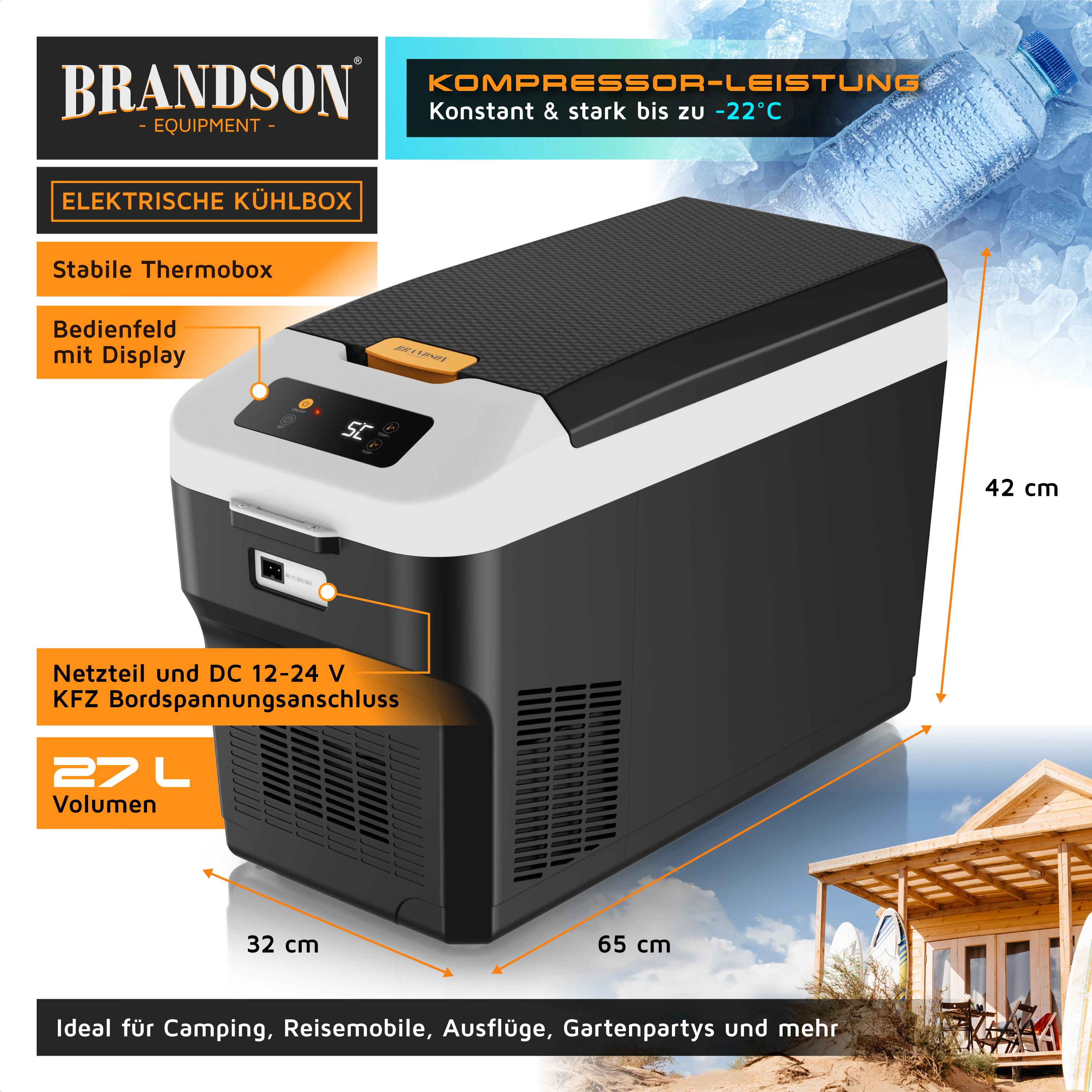 Elektrische Kühlbox von Brandson mit stabilem Thermobox-Design, Bedienfeld mit Display und einem Fassungsvermögen von 27 Litern, geeignet für Camping.