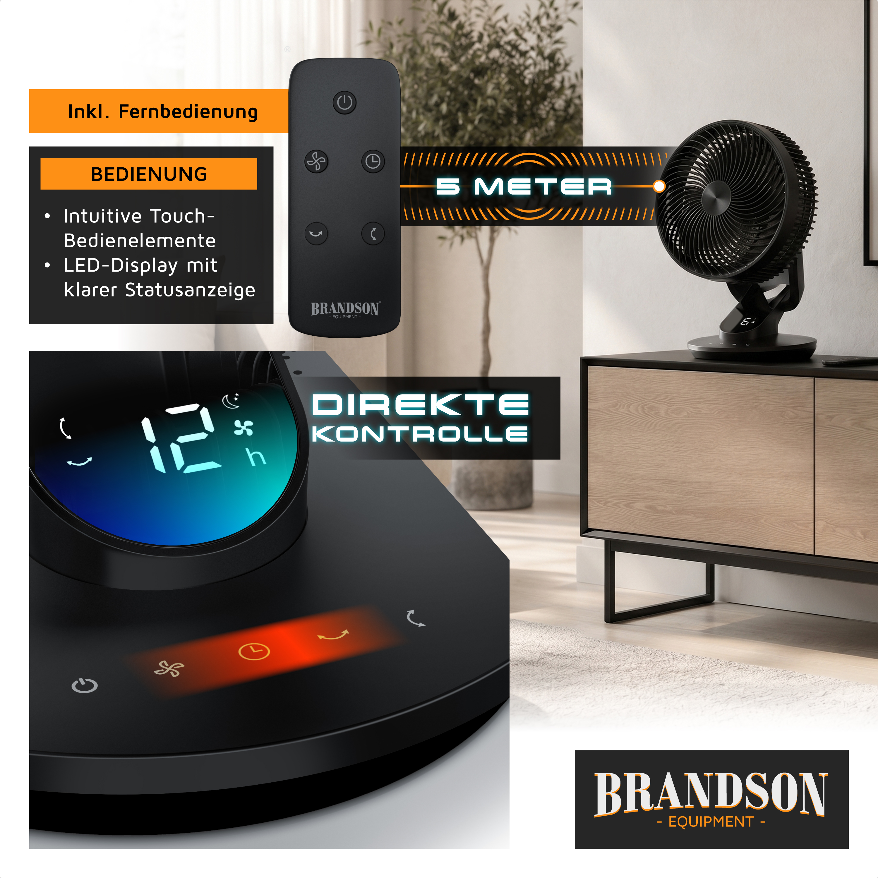 Brandson Standventilator mit intuitivem Touch-Bedienelement, LED-Display und Fernbedienung, ideal für den Einsatz im Wohnzimmer.