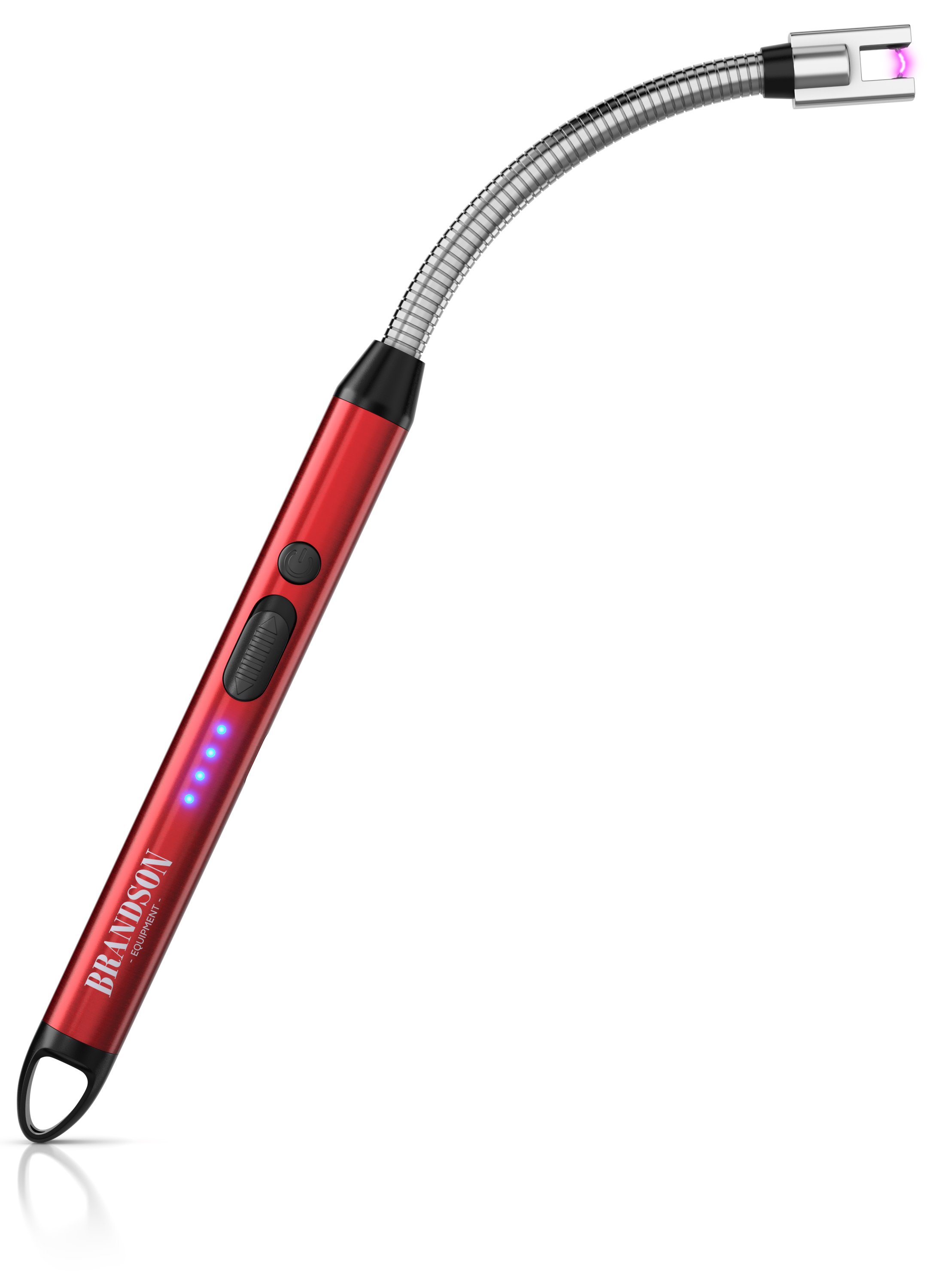 Brandson elektrisches Feuerzeug in rot mit flexiblem Hals, LED-Anzeige und Druckknopf zur Zündung.
