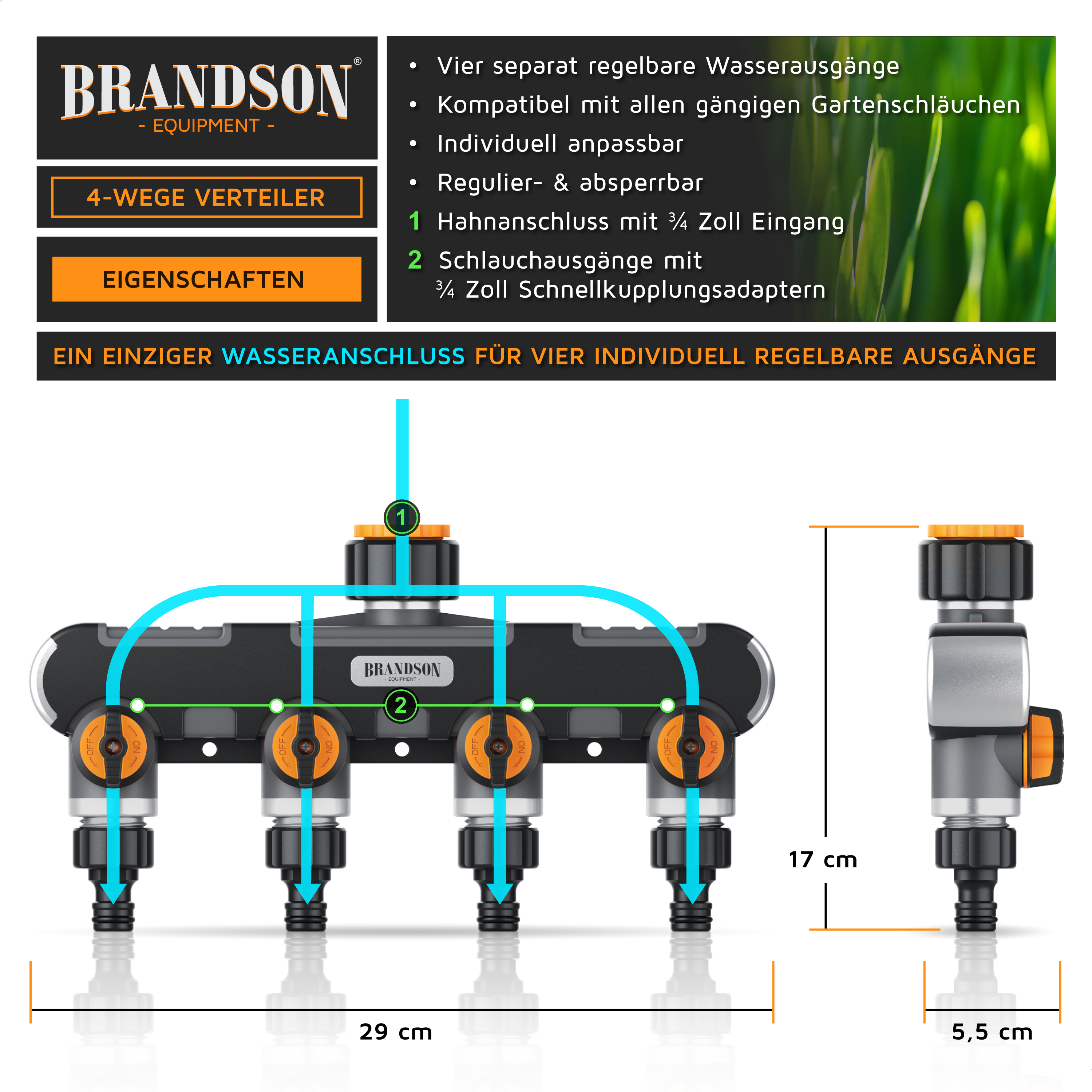 Brandson 4-Wege-Verteiler mit vier verstellbaren Ausgängen, kompatibel mit Standard-Gartenschläuchen, mit einem ¾-Zoll-Wasserhahnanschluss.