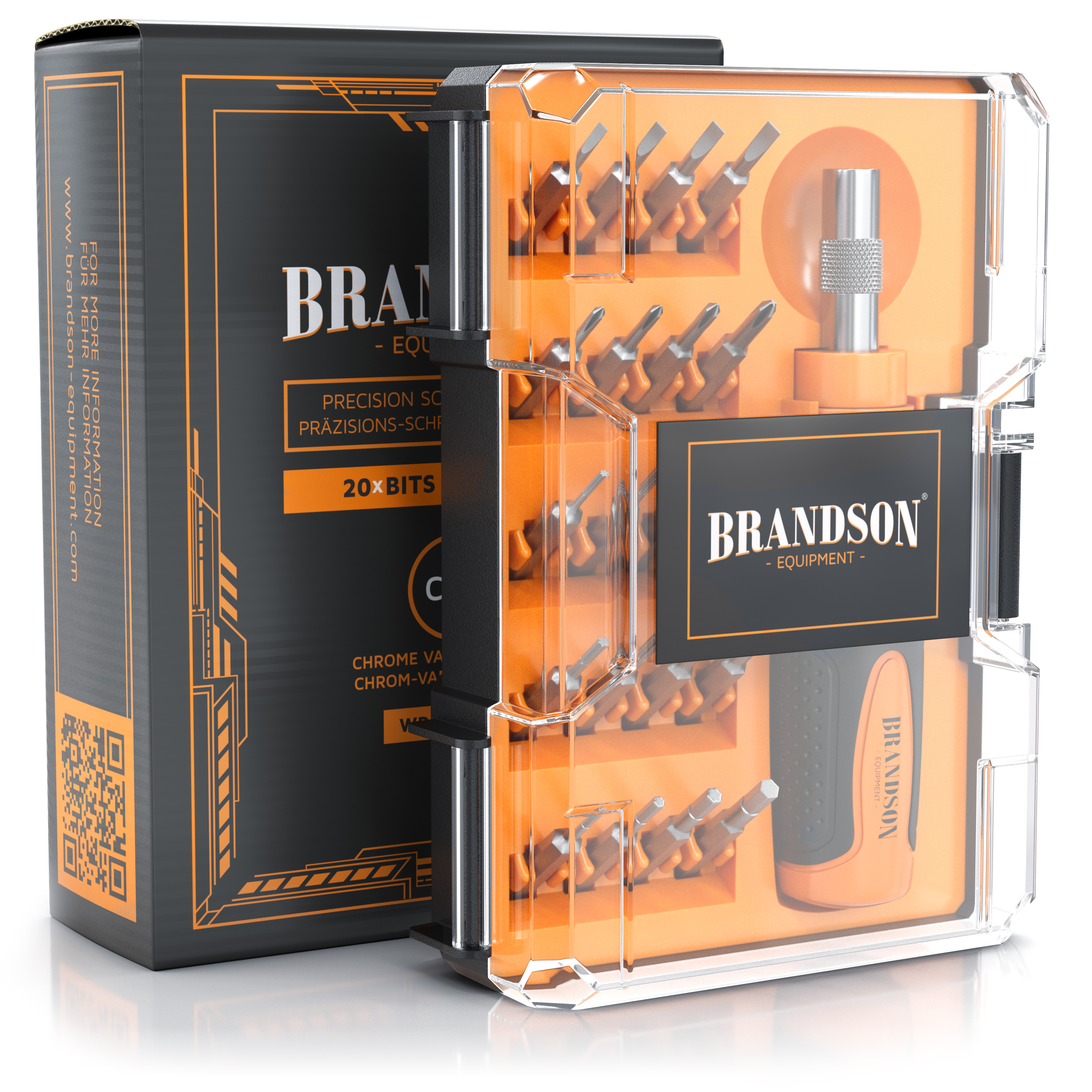 Präzisions-Schraubendreher-Set von Brandson mit 20 Bits, transparentem Gehäuse, orange-schwarzem Design und ergonomischem Griff.