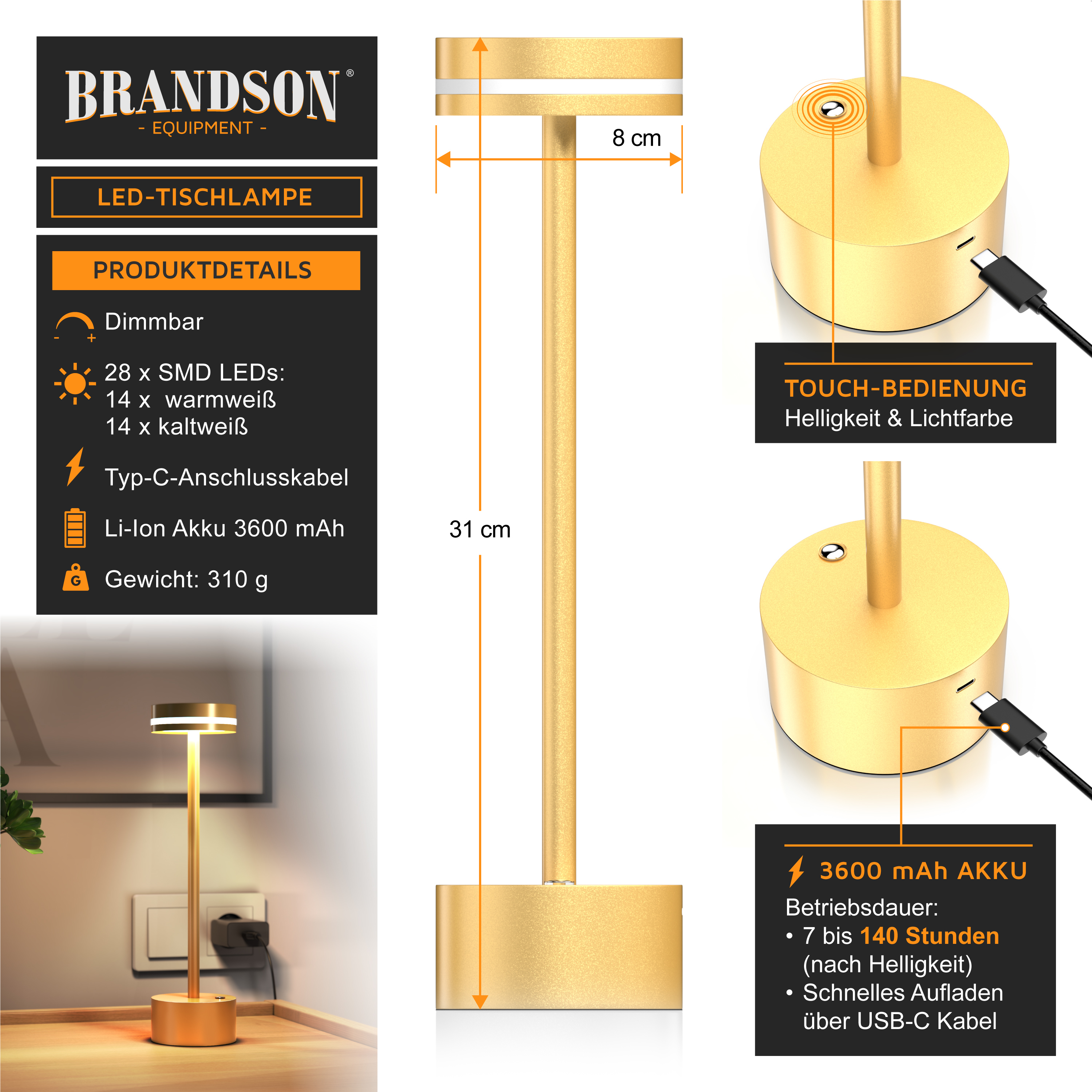 Brandson LED-Tischleuchte in Gold mit Touch-Steuerung, einstellbarer Helligkeit und USB-C-Ladeanschluss, 31 cm hoch.