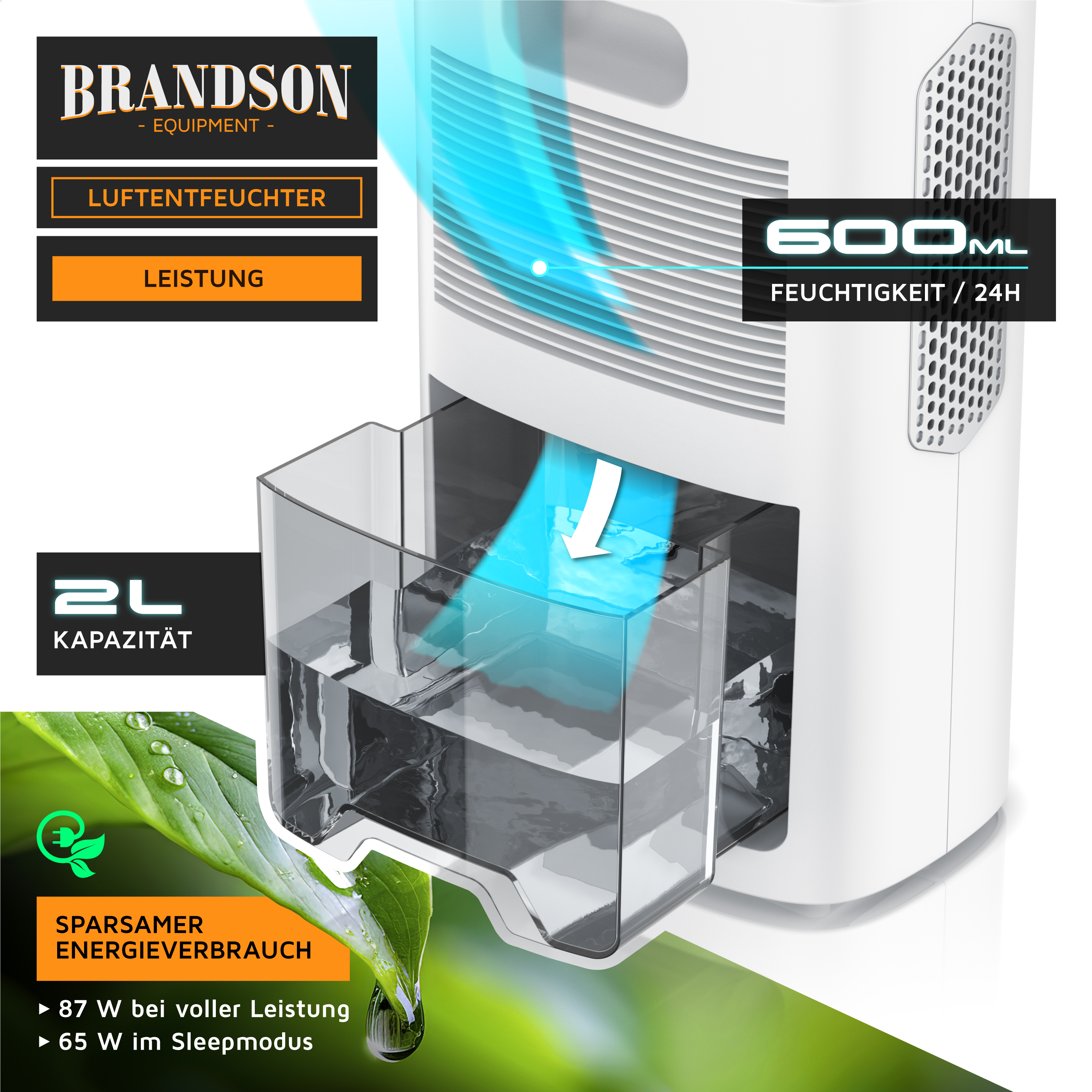 Brandson Luftentfeuchter mit transparentem Wassertank, 2L Kapazität und Bedienfeld, ideal für die Luftentfeuchtung in Wohnräumen.