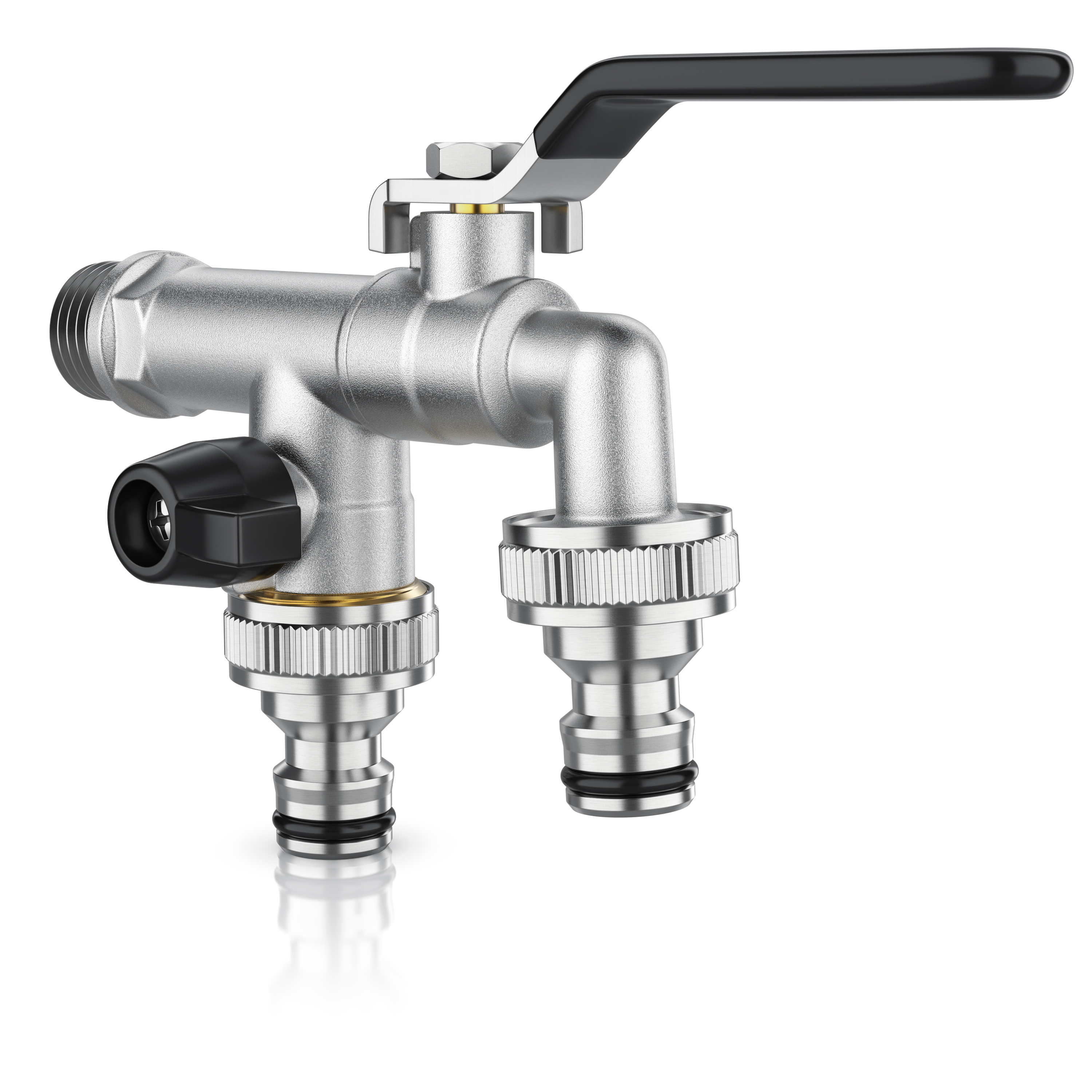 Brandson Wasserhahn mit zwei Ausgängen, aus silbernem Metall, mit schwarzem Hebel und sichtbaren Dichtungen.