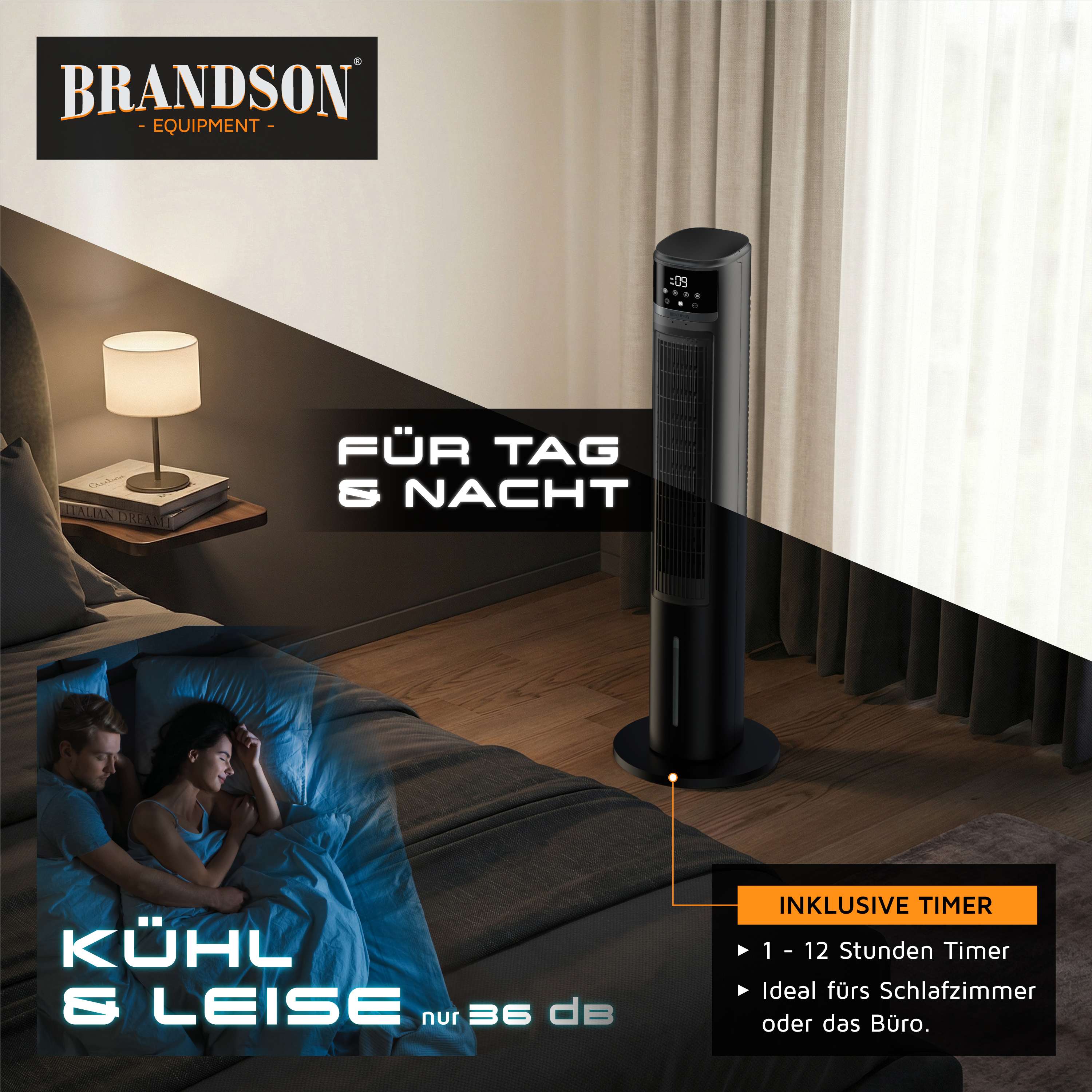 Brandson Turmventilator in Schwarz mit Digitalanzeige, platziert neben einem Bett in einem gemütlichen Schlafzimmerambiente, ideal für die Kühlung bei Tag und Nacht.