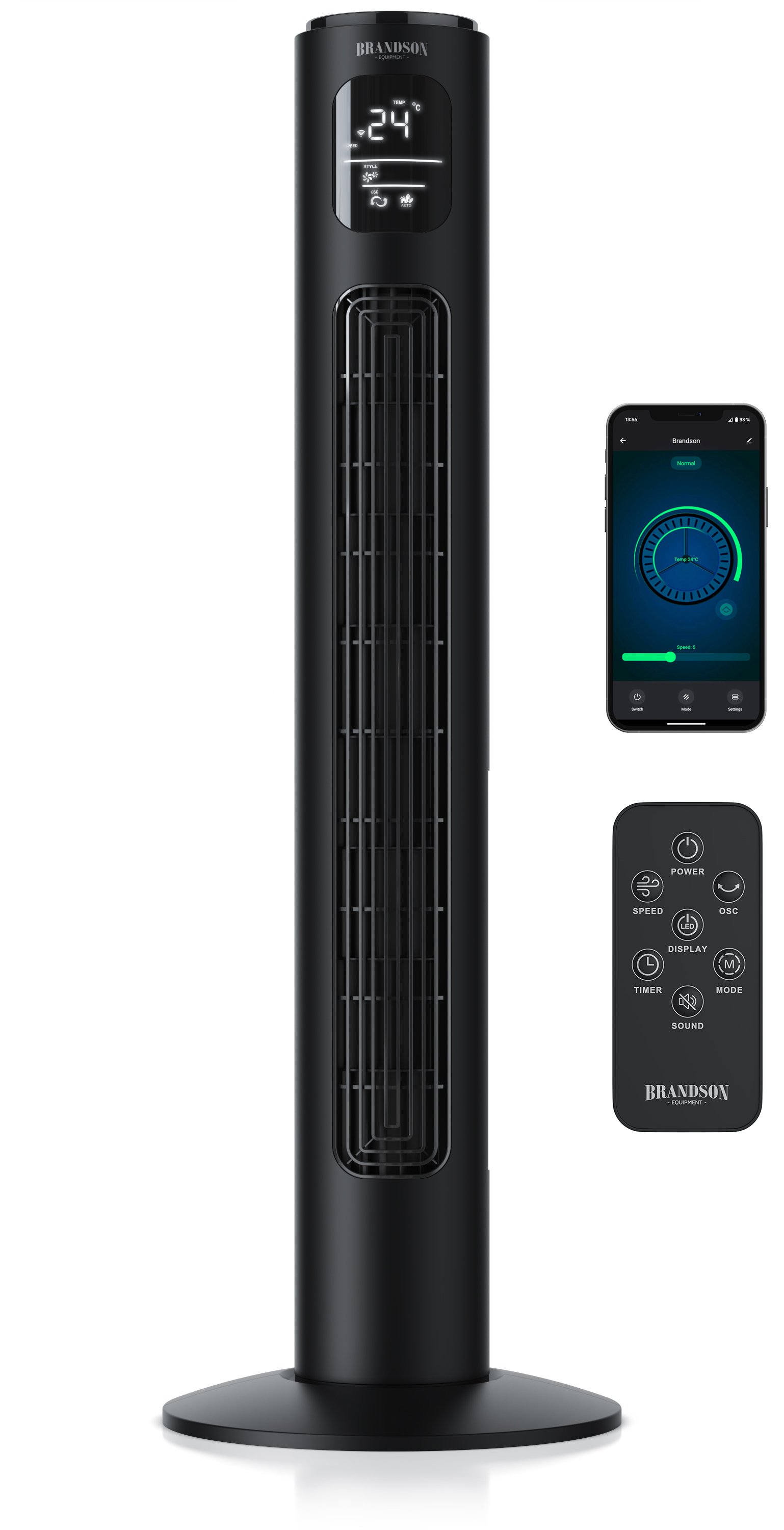 Brandson Turmventilator in Schwarz mit Digitalanzeige, Fernbedienung und elegantem Design, geeignet für die Kühlung zu Hause.