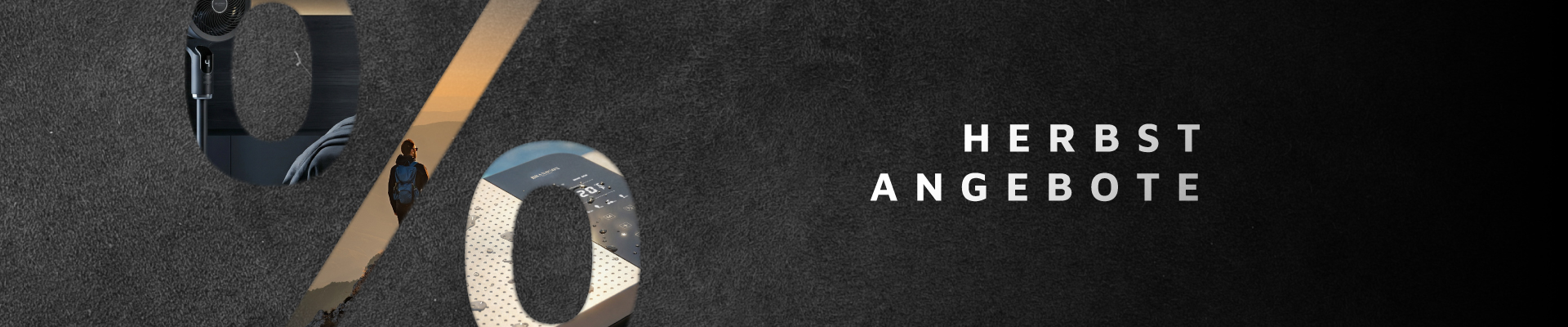 Brandson-Werbebanner mit einem großen Prozentzeichen, das den Blick auf einen Turmventilator und eine Heizung vor einem dunklen, strukturierten Hintergrund mit Herbsttext freigibt.