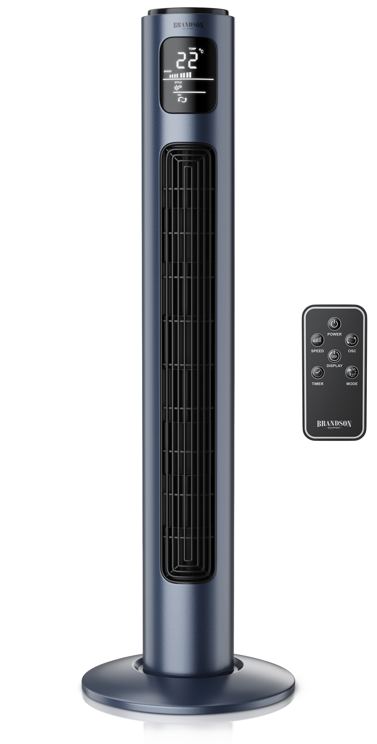 Brandson Turmventilator in Dunkelblau mit Digitalanzeige und Fernbedienung, elegantem Design und stabilem Standfuß.