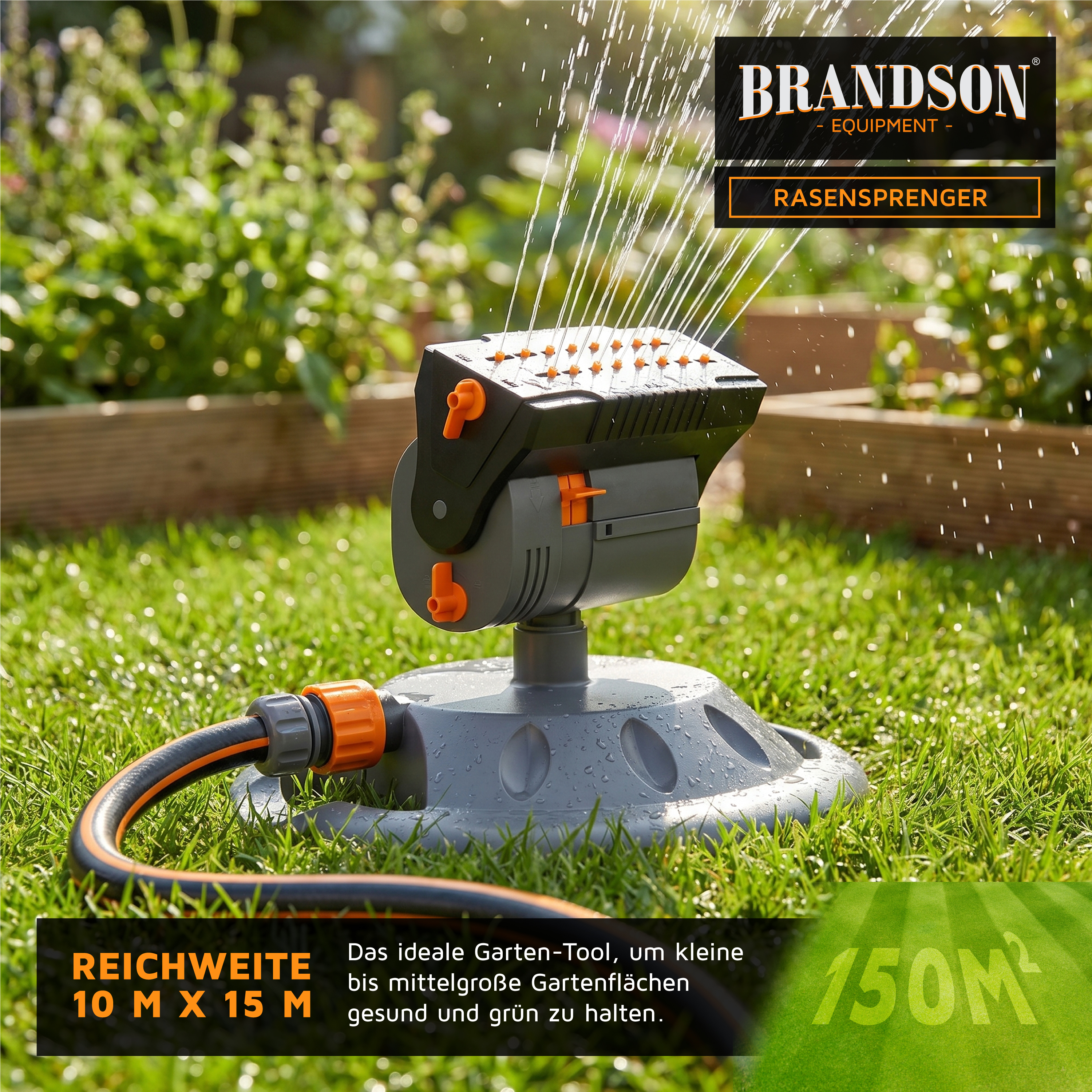 Brandson Rasensprenger mit grauem Standfuß und orangefarbenen Bedienelementen, ideal für die Bewässerung von Gärten.