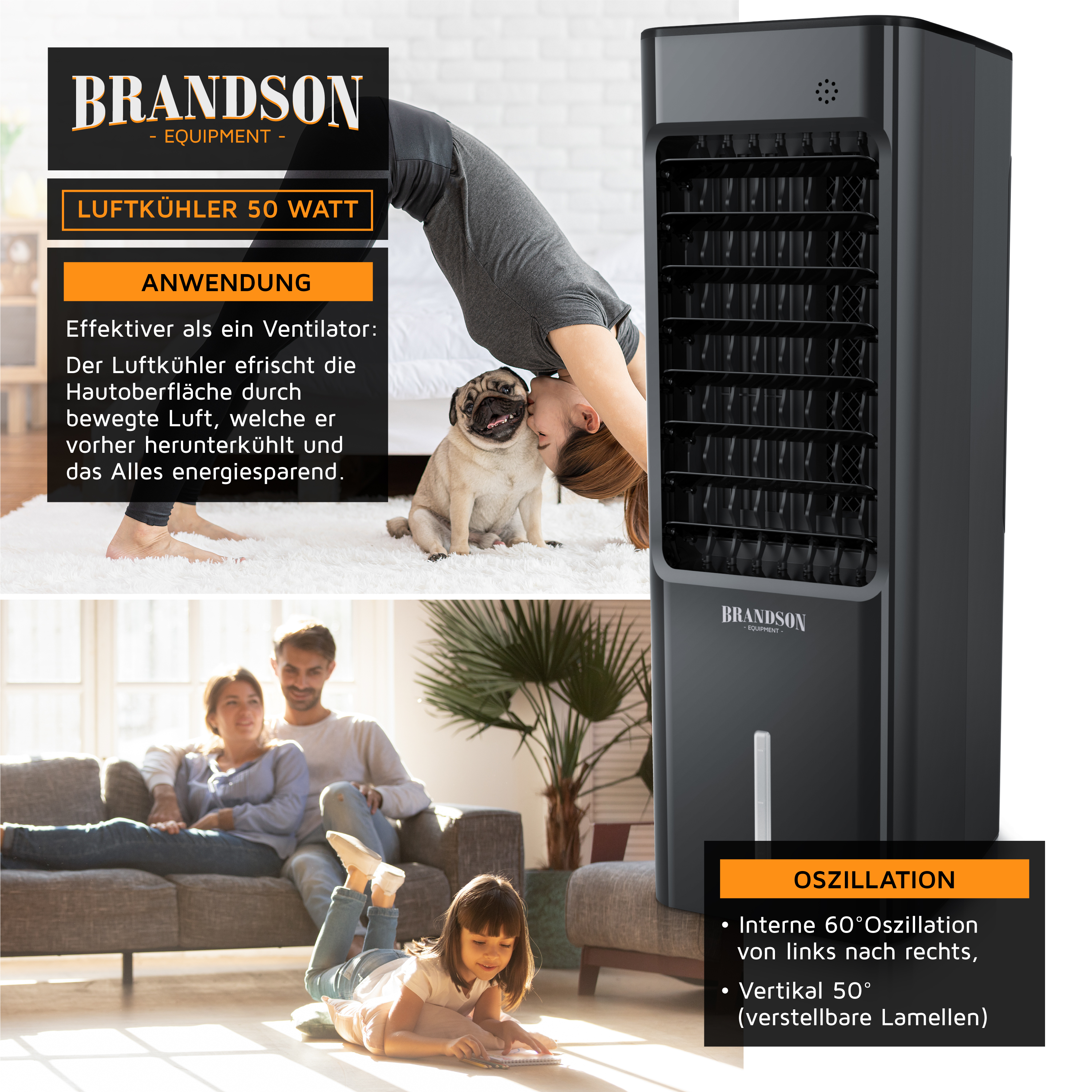 Brandson Luftkühler mit schwarzem Gehäuse, vertikalen Lamellen und Bedienfeld, in einem modernen Wohnraum verwendet.