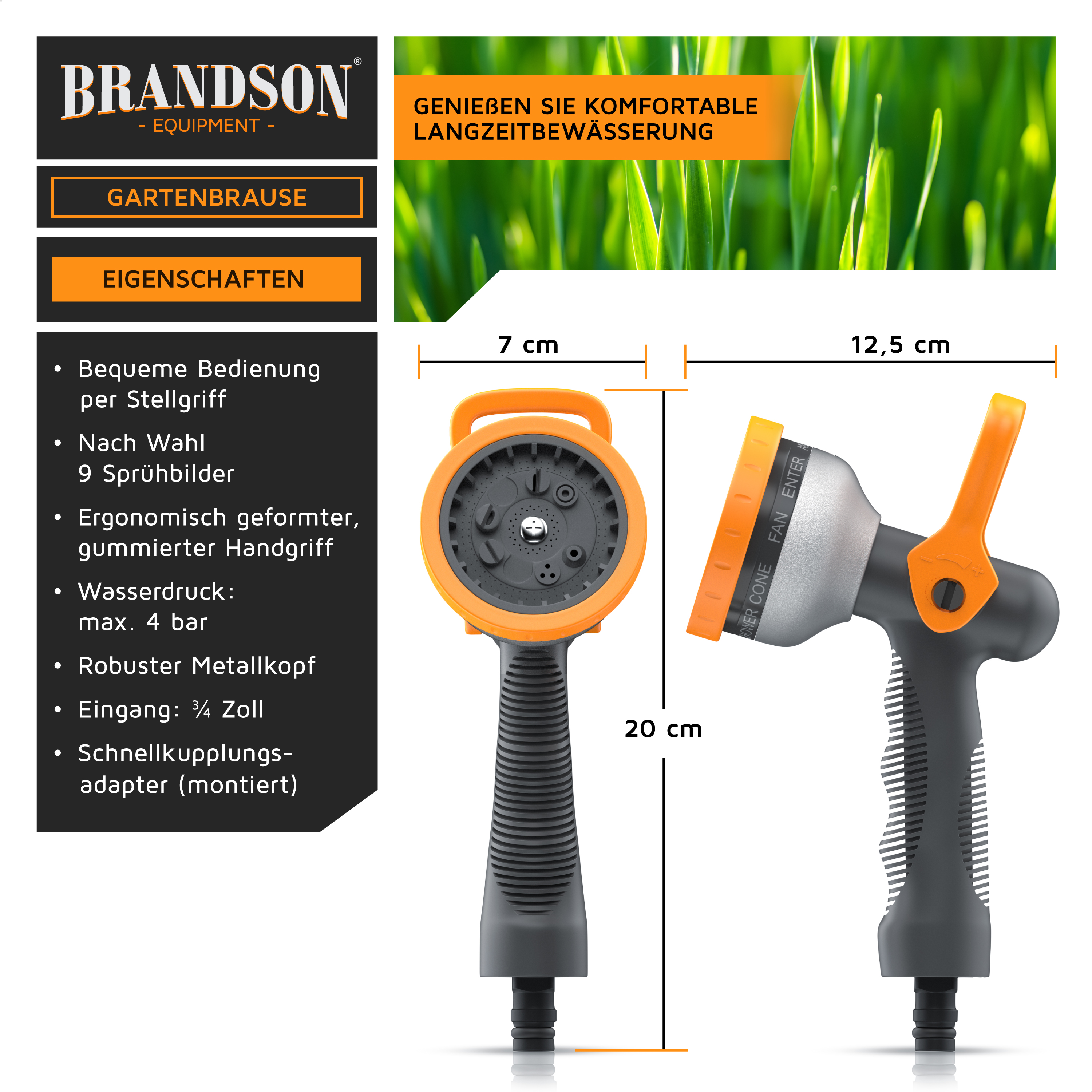 Brandson Gartenbrause mit ergonomischem Handgriff, robustem Metallkopf und 9 Sprühbildern für komfortable Bewässerung.