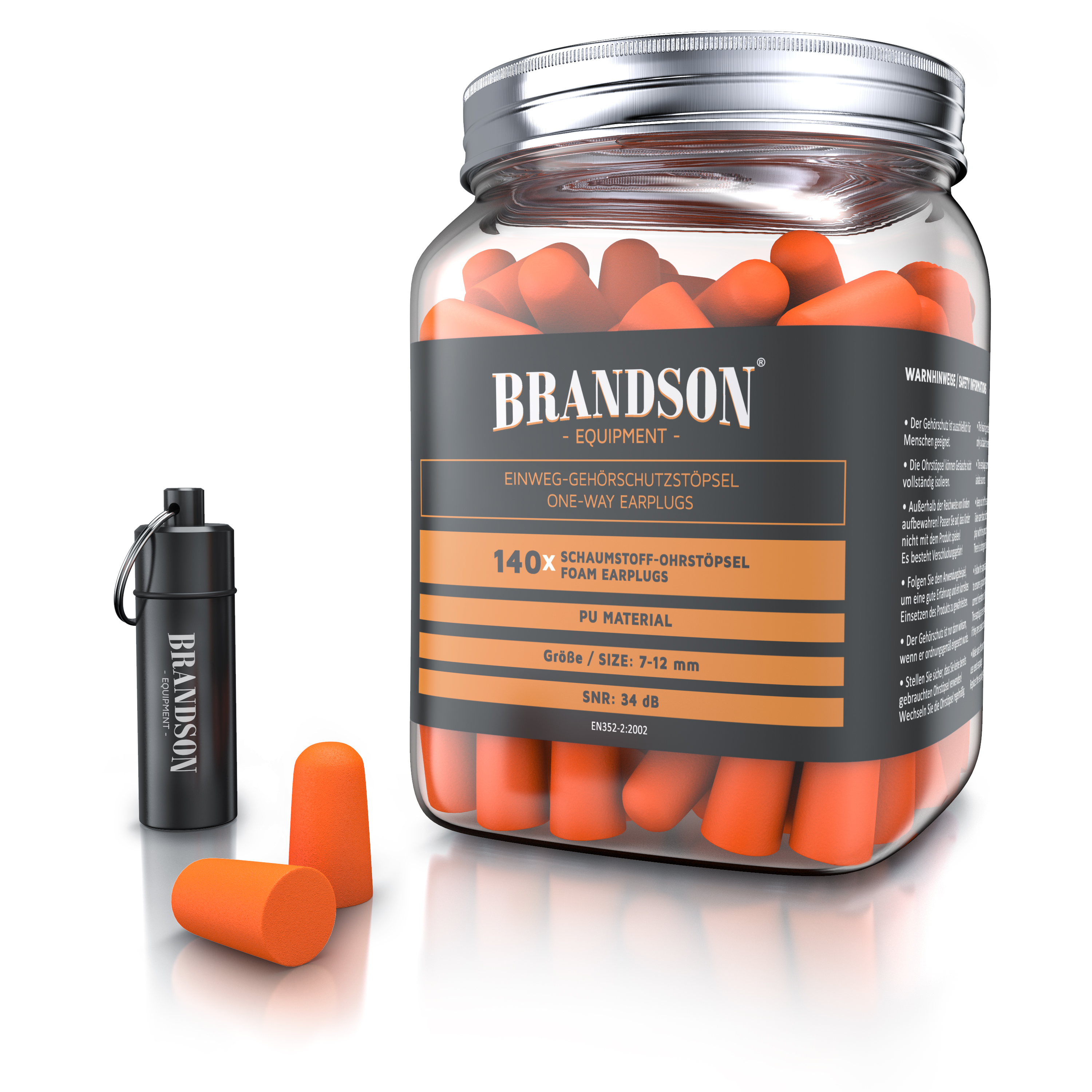 Brandson-Ohrstöpsel in einem transparenten Behälter mit leuchtend orangefarbenen Schaumstoff-Ohrstöpseln und einer schwarzen Tragetasche, geeignet zum Schutz vor Lärm.