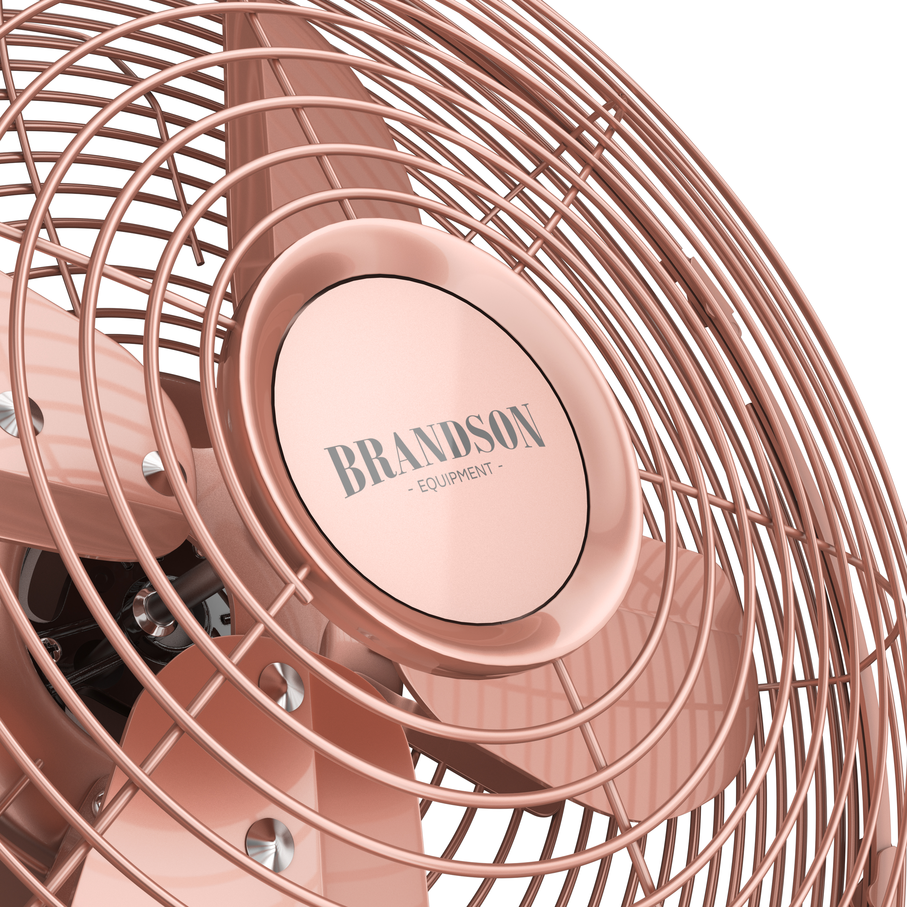 Standventilator von Brandson in Roségold mit Metallgitter und sichtbarem Logo, das die Ventilatorflügel und Designdetails zur Geltung bringt.
