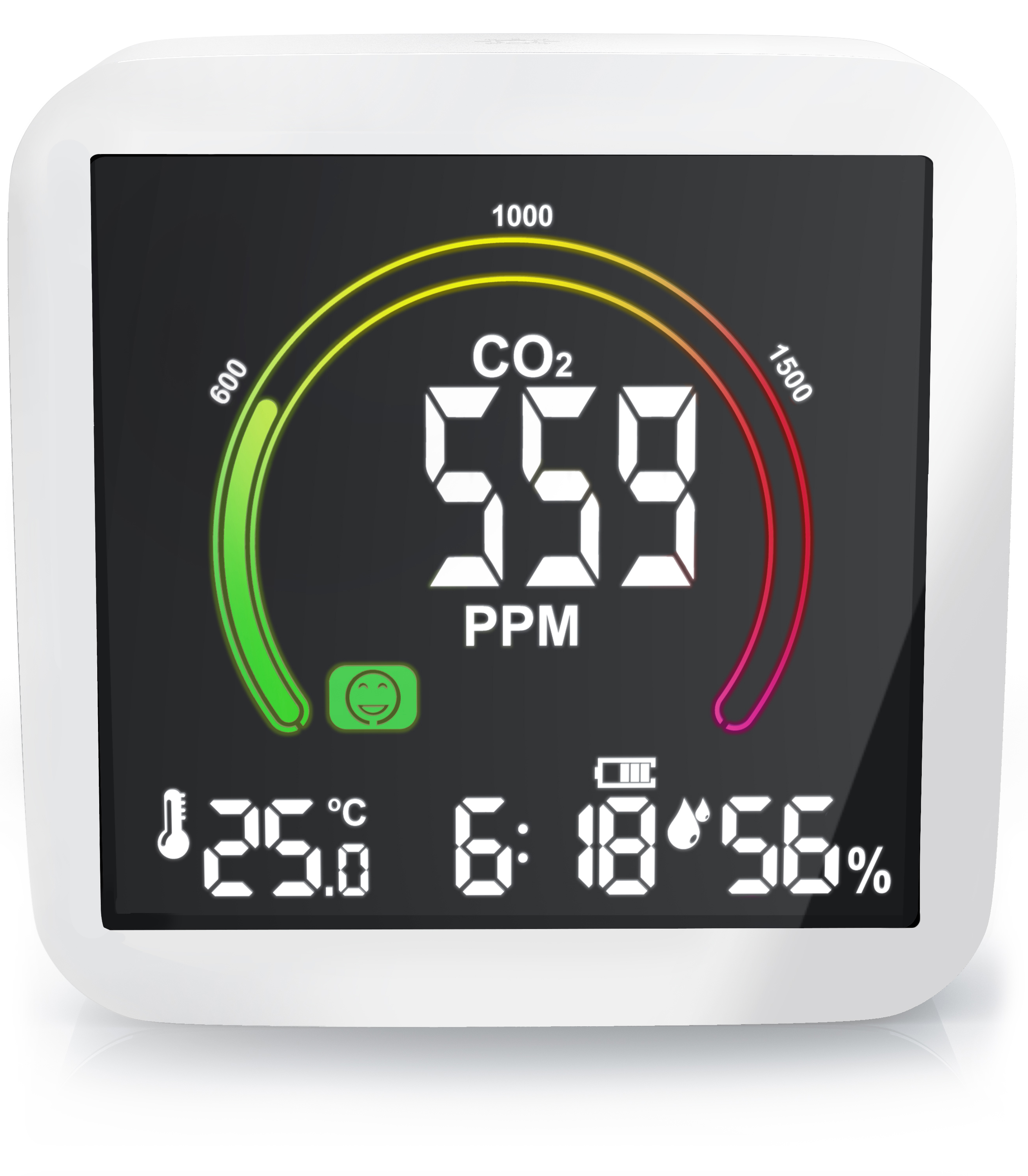 Brandson CO2-Messgerät mit großem Display, zeigt CO2-Werte, Temperatur, Luftfeuchtigkeit und Uhrzeit in einem modernen, weißen Gehäuse.
