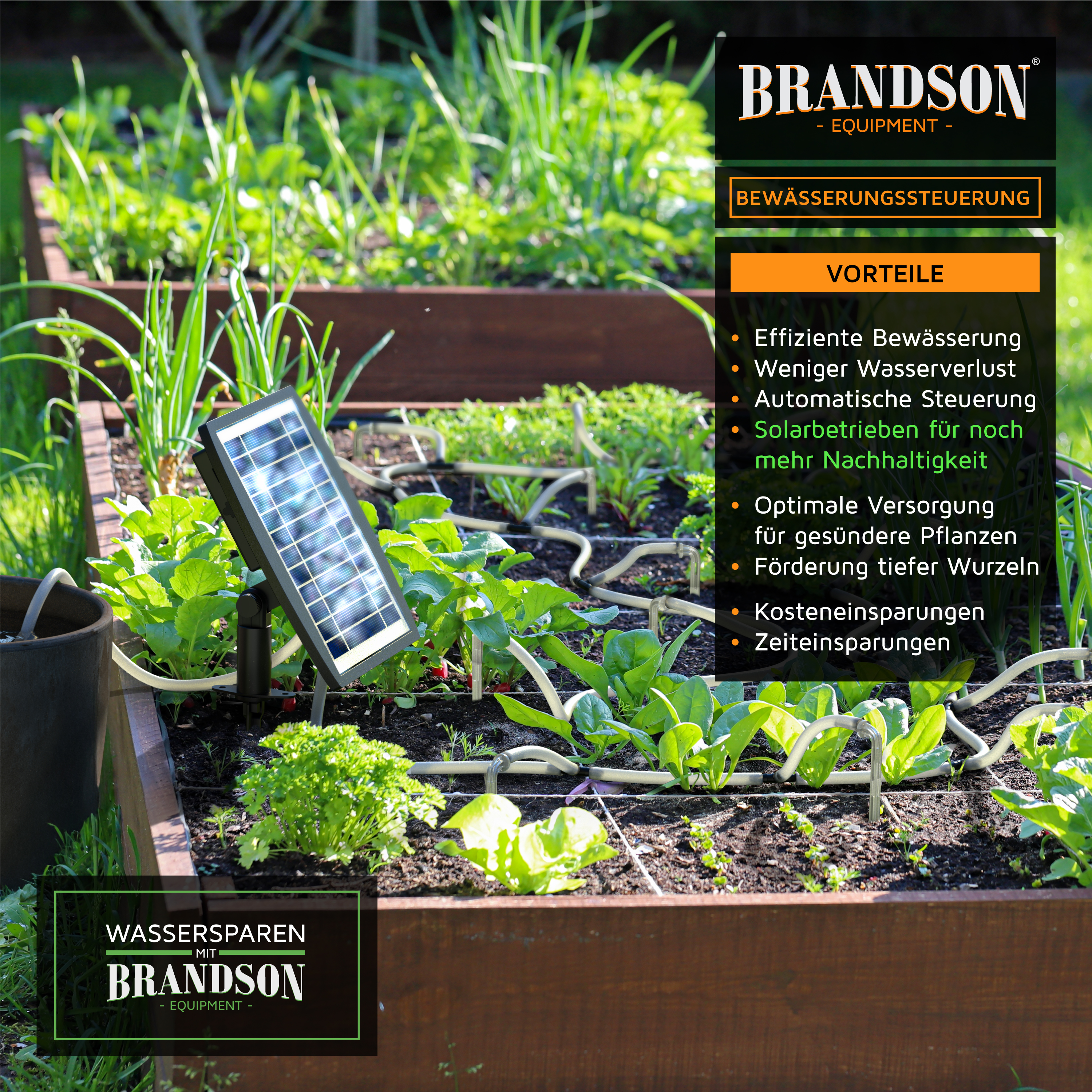 Brandson Bewässerungssteuerung mit Solarpanel in einem Gartenbeet, umgeben von frischen Pflanzen und Gemüse.