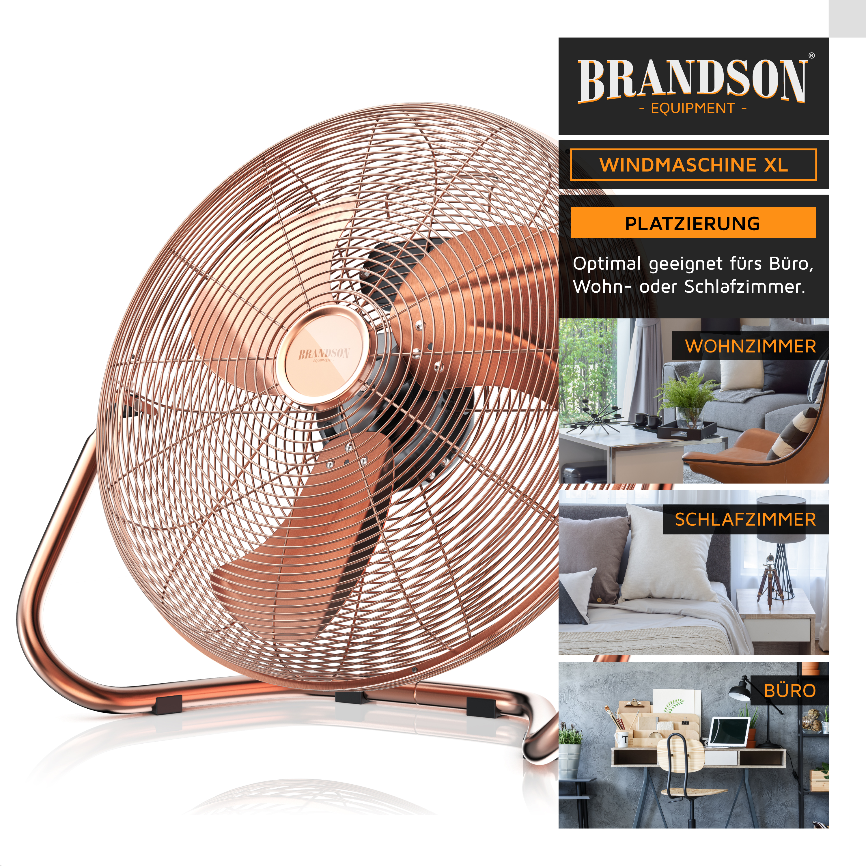Brandson Windmaschine XL in kupferfarbener Metalloptik mit stabiler Basis und großen Lüfterblättern, ideal für Wohn- und Schlafzimmer.
