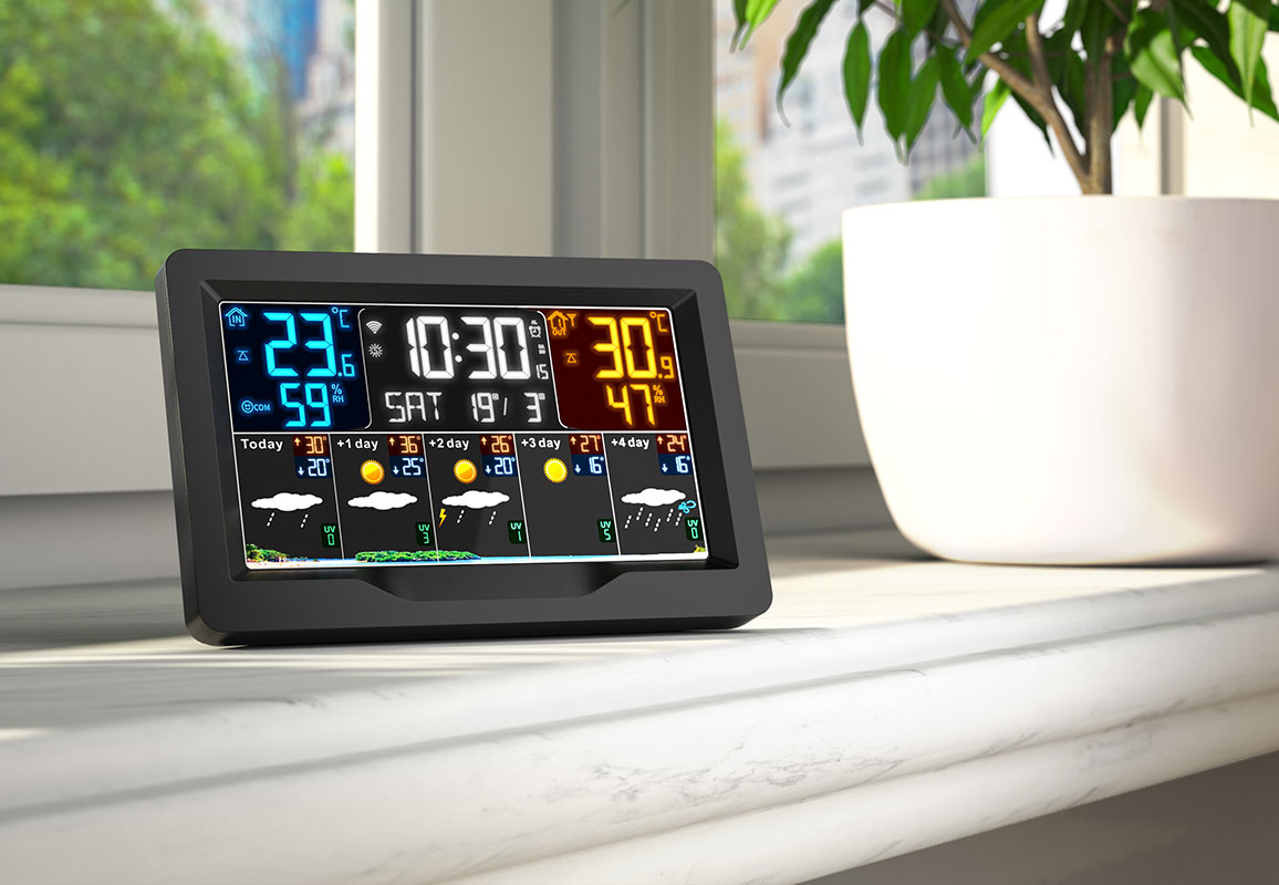 Brandson Wetterstation mit großem Display, zeigt Temperatur, Luftfeuchtigkeit und Wettervorhersage in verschiedenen Farben, kompakte Bauform.