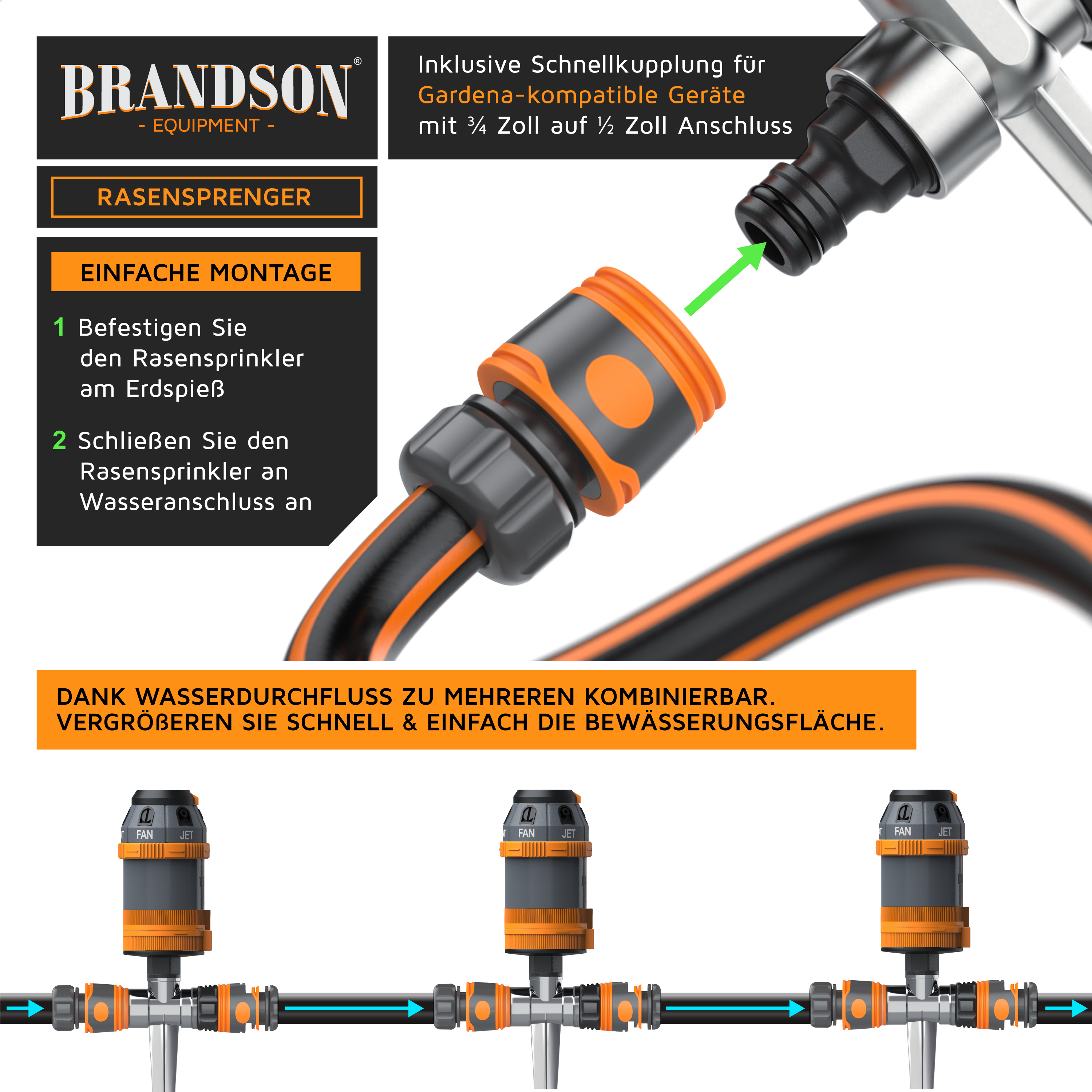 Brandson Rasensprenger mit Schnellkupplung, orange und schwarz, für Gardena-kompatible Geräte, einfach zu montieren.
