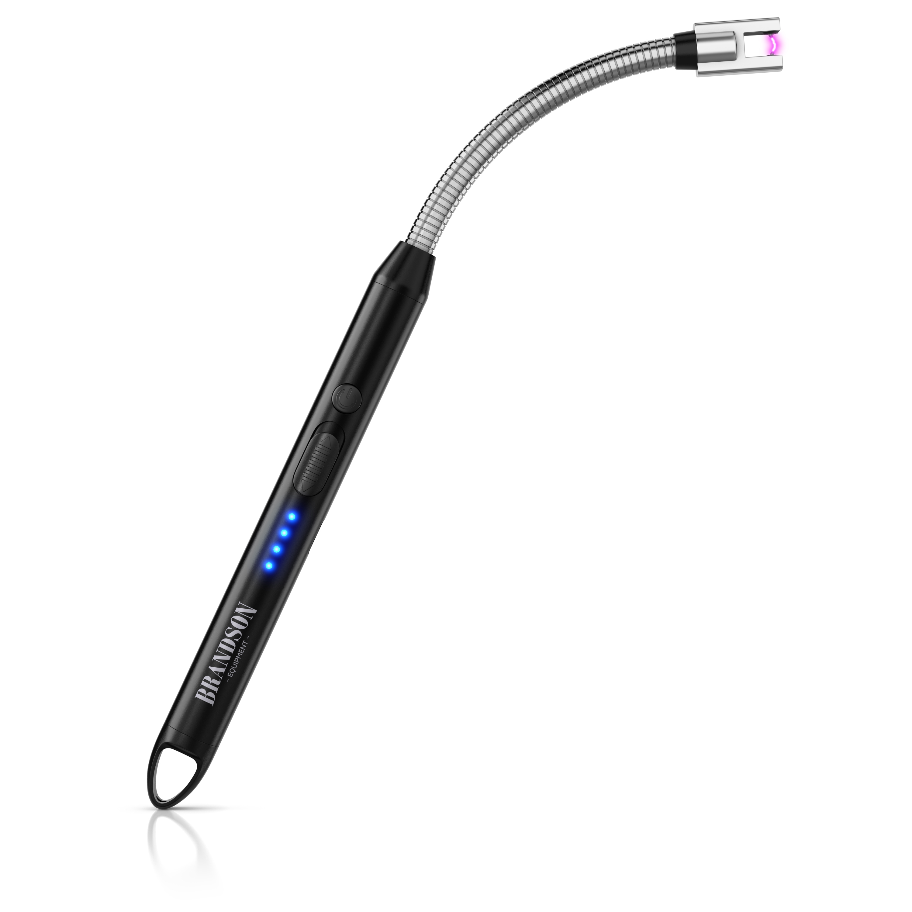 Brandson elektrisches Feuerzeug mit flexiblem Hals, schwarzem Gehäuse und LED-Anzeige für den Ladezustand.