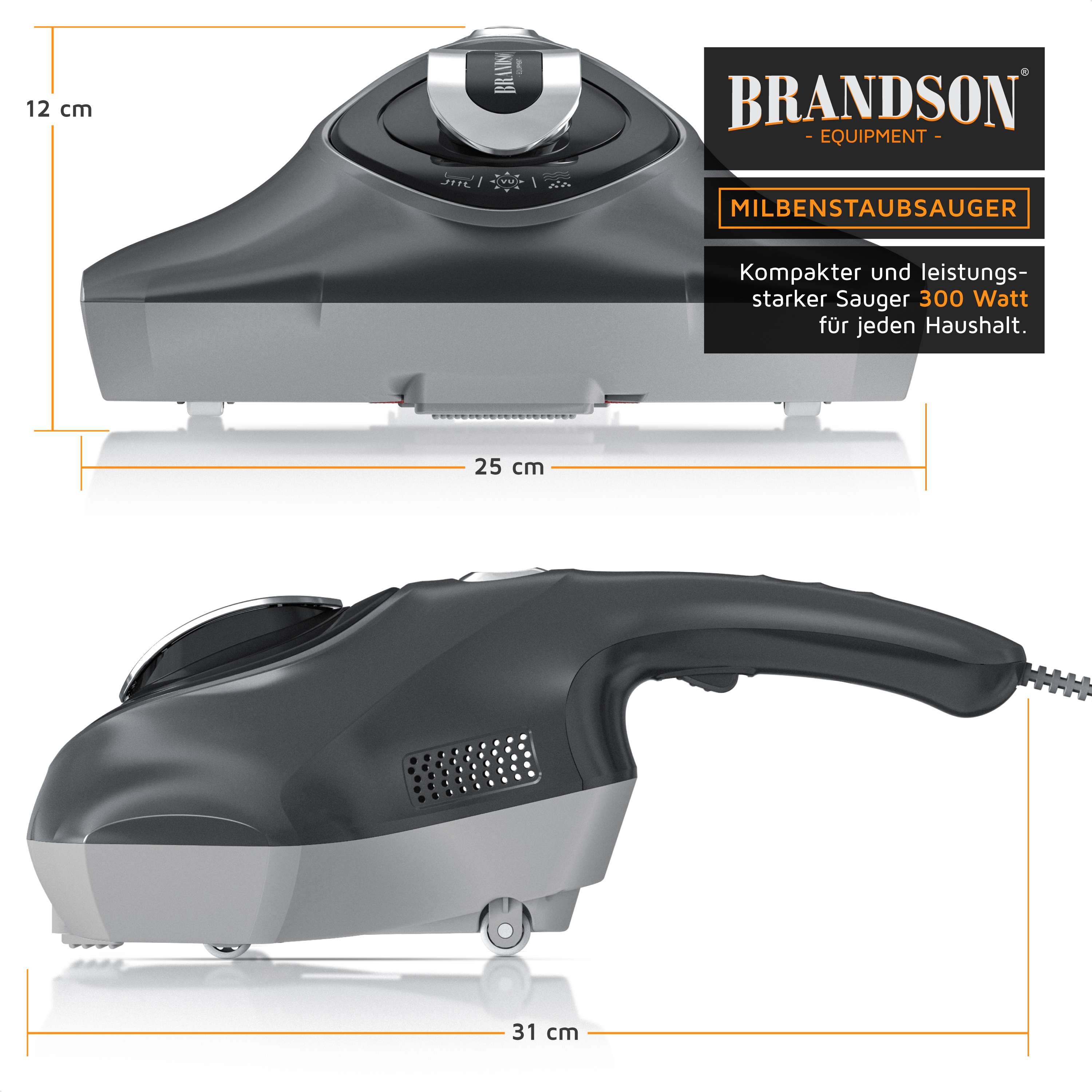 Brandson Milbenstaubsauger in Schwarz und Grau mit ergonomischem Griff und Bedienfeld, kompakte Bauform für einfache Handhabung.