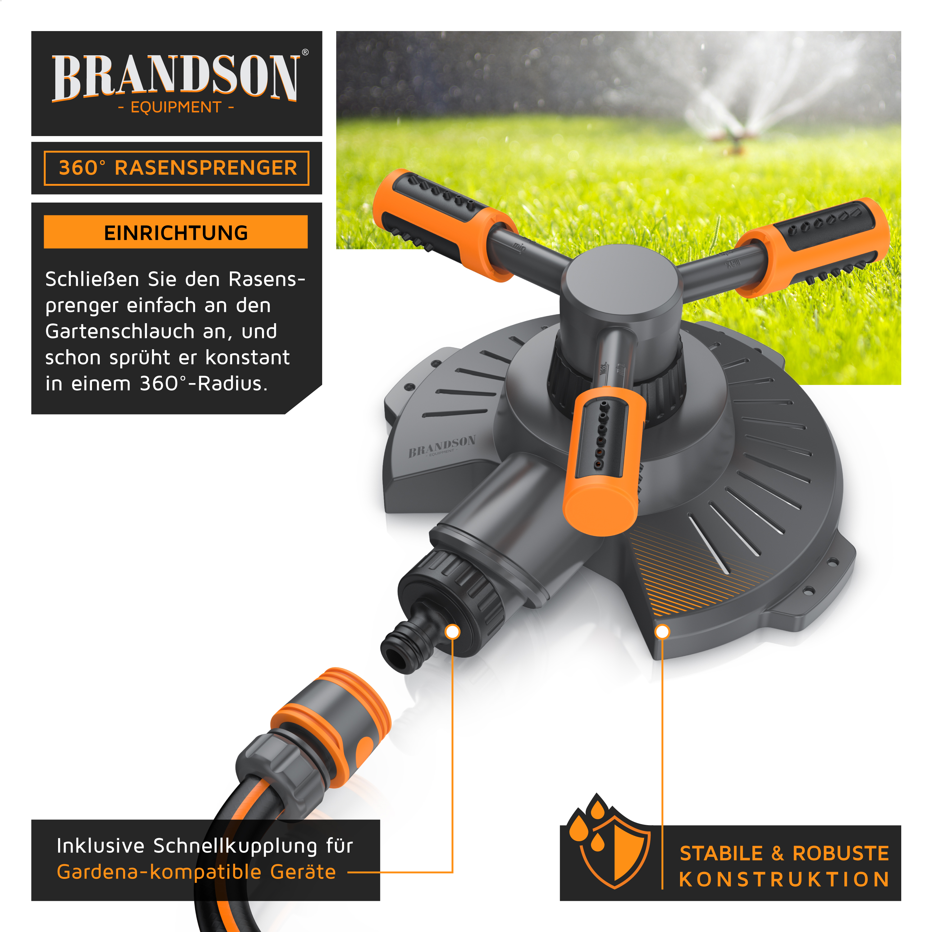 Brandson 360° Rasensprenger mit stabiler Konstruktion, orangefarbenen Griffen und Schnellkupplung für Gardena-kompatible Geräte.