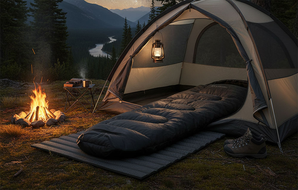 Campingszene mit einem schwarzen Schlafsack in einem Zelt, einer Laterne, einem Lagerfeuer und einer Kochgelegenheit in der Nähe.
