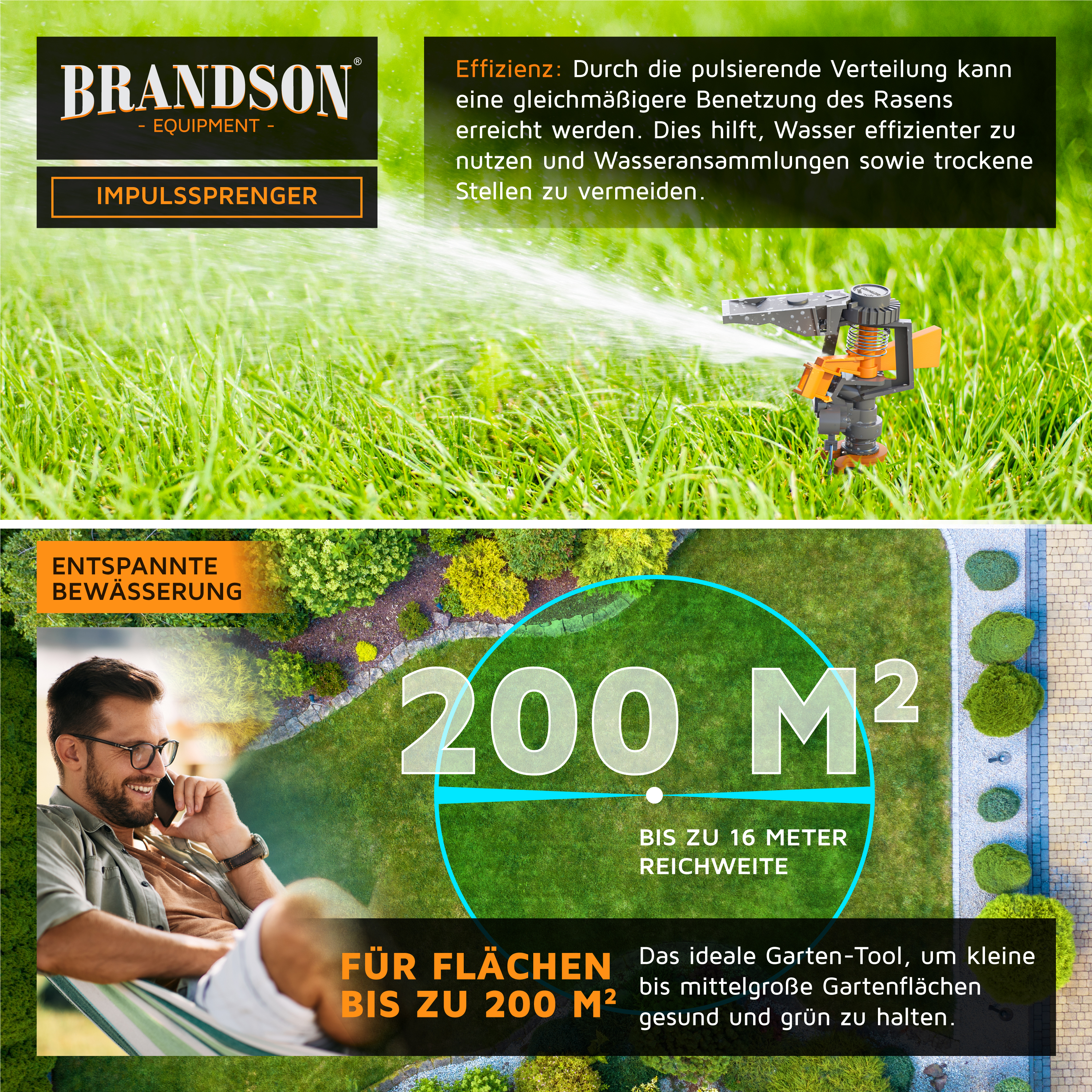 Brandson Impulsregner in Orange und Grau, mit einstellbarem Sprühbereich für gleichmäßige Bewässerung von Rasenflächen bis zu 200 m².