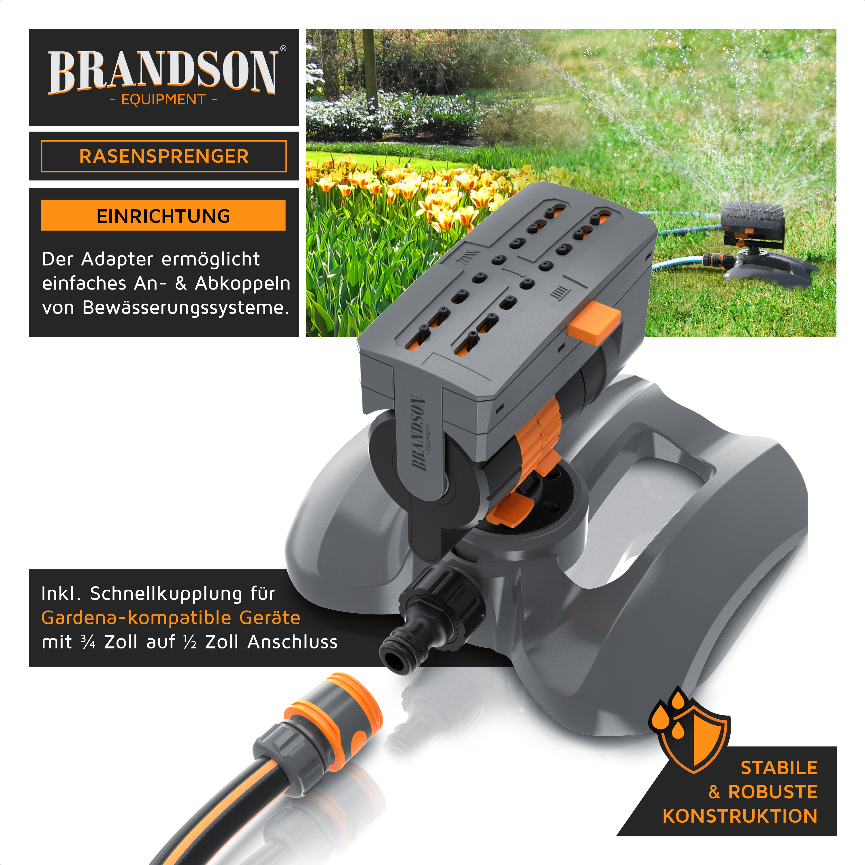 Brandson Rasensprenger mit stabiler und robuster Konstruktion, ausgestattet mit Schnellkupplung für Gardena-kompatible Geräte.