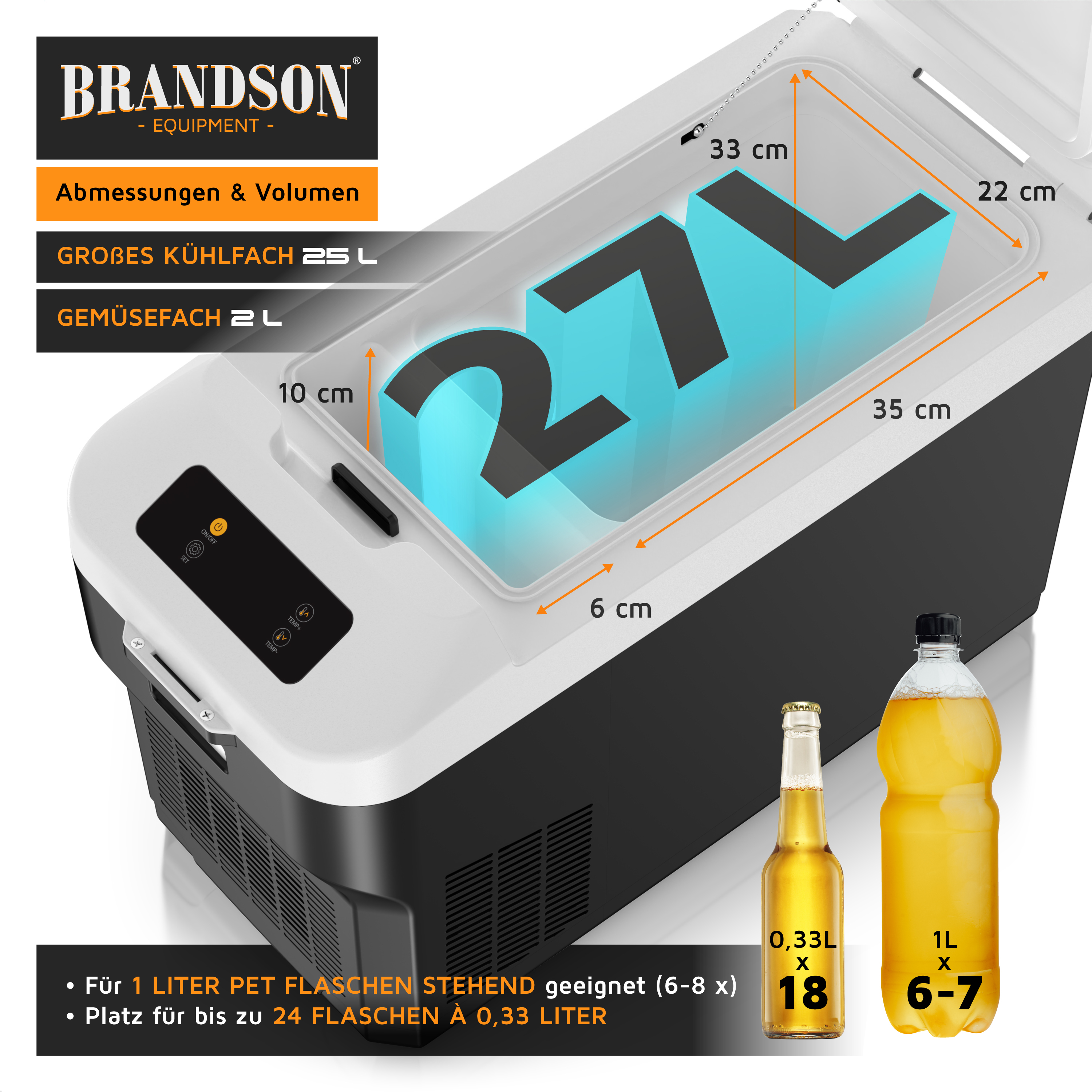 Brandson elektrische Kühlbox mit 27 Litern Volumen, großem Kühlfach und Bedienfeld, geeignet für Flaschen und Getränke.