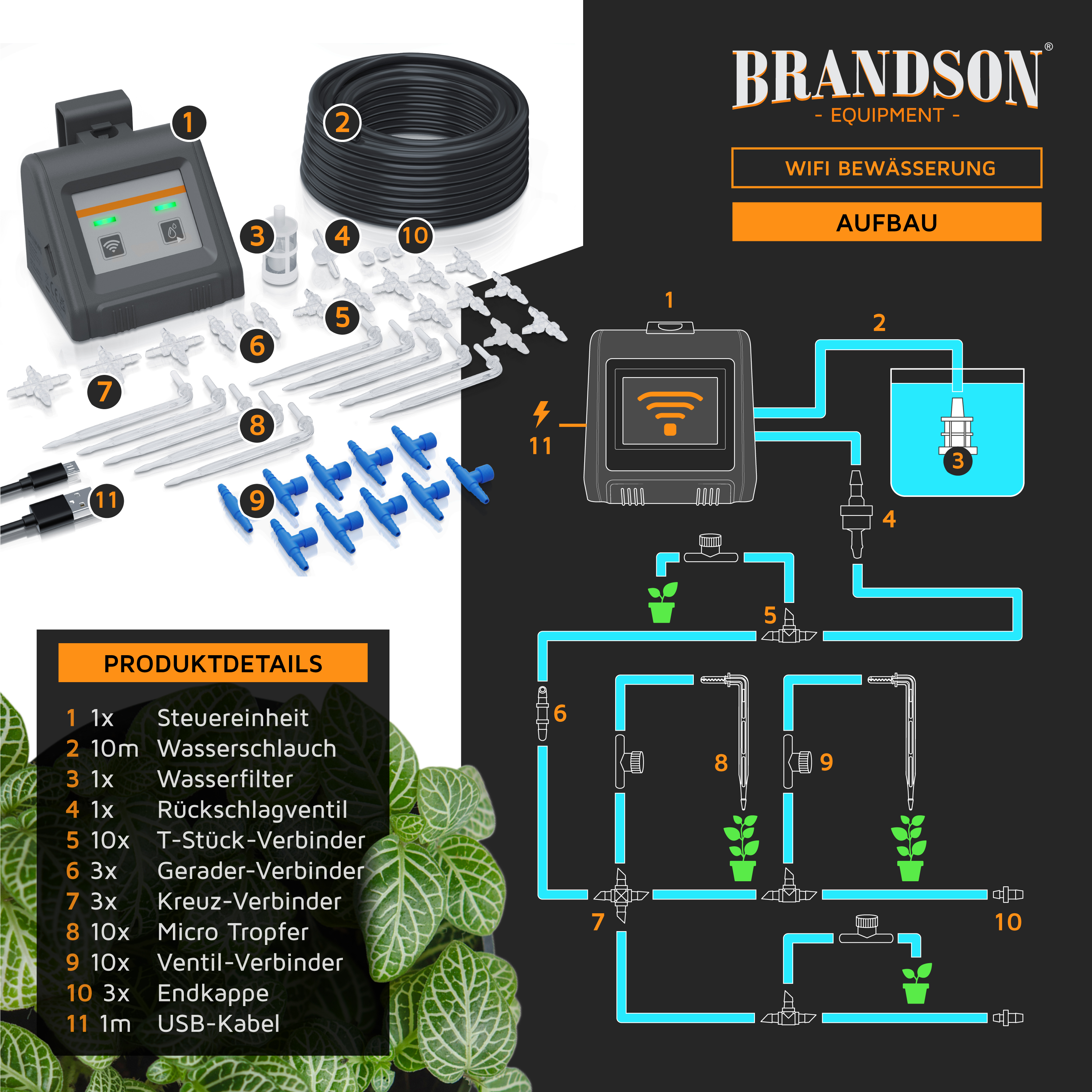 Brandson WiFi Bewässerungssystem mit Steuerungseinheit, Schläuchen, Wasserfiltern und verschiedenen Verbindern für die Pflanzenbewässerung.