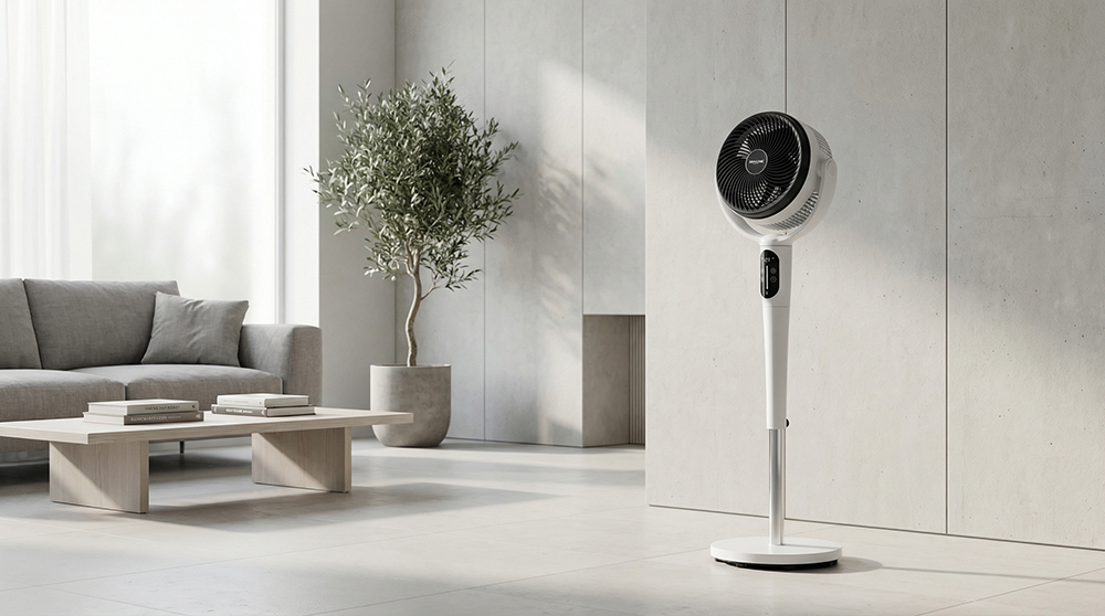 Brandson Standventilator in Weiß mit elegantem Design, Bedienfeld und stabilem Standfuß, positioniert in einem modernen Wohnzimmer.