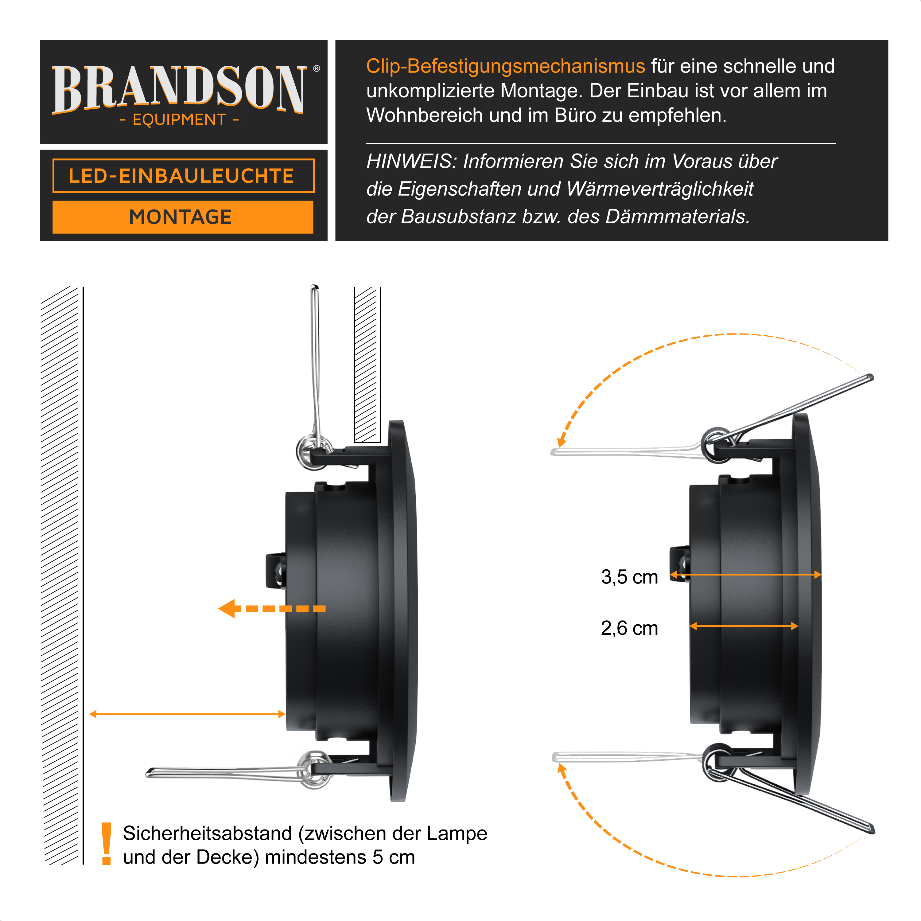 Brandson LED Einbauleuchte mit Clip-Befestigungsmechanismus für einfache Montage, schwarzes Gehäuse, geeignet für Wohn- und Büroräume.