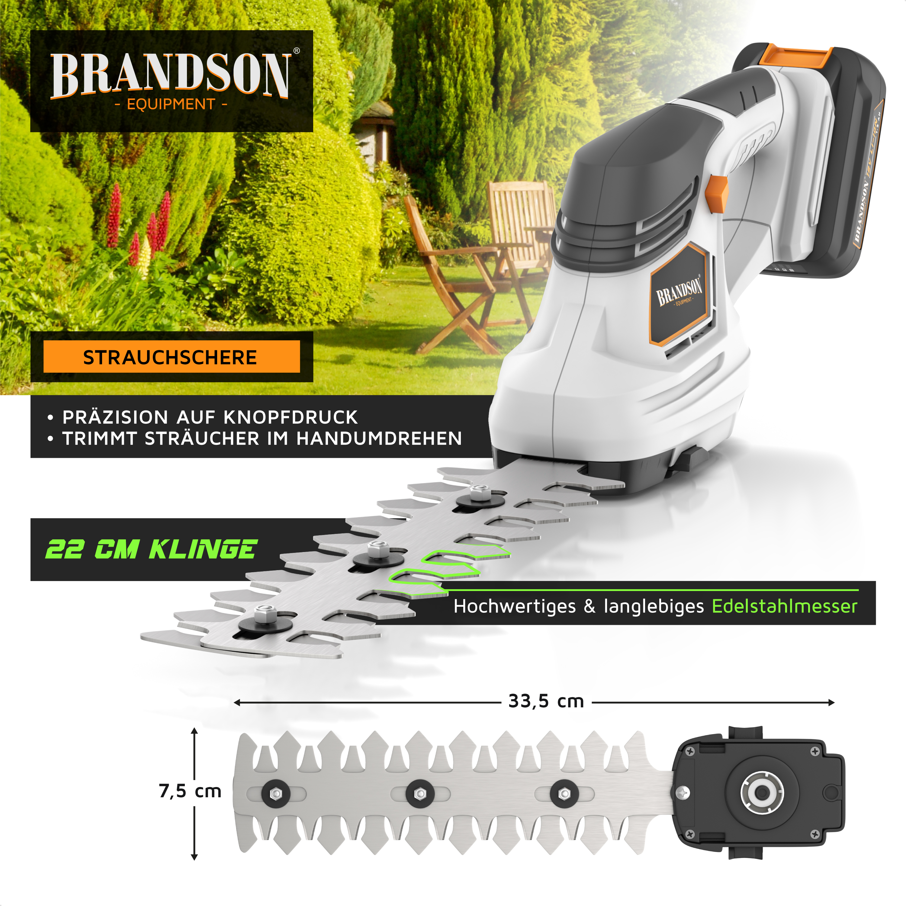 Brandson Strauchschere mit 22 cm Edelstahlklinge, ergonomischem Griff und präzisem Schnitt für Gartenarbeiten.