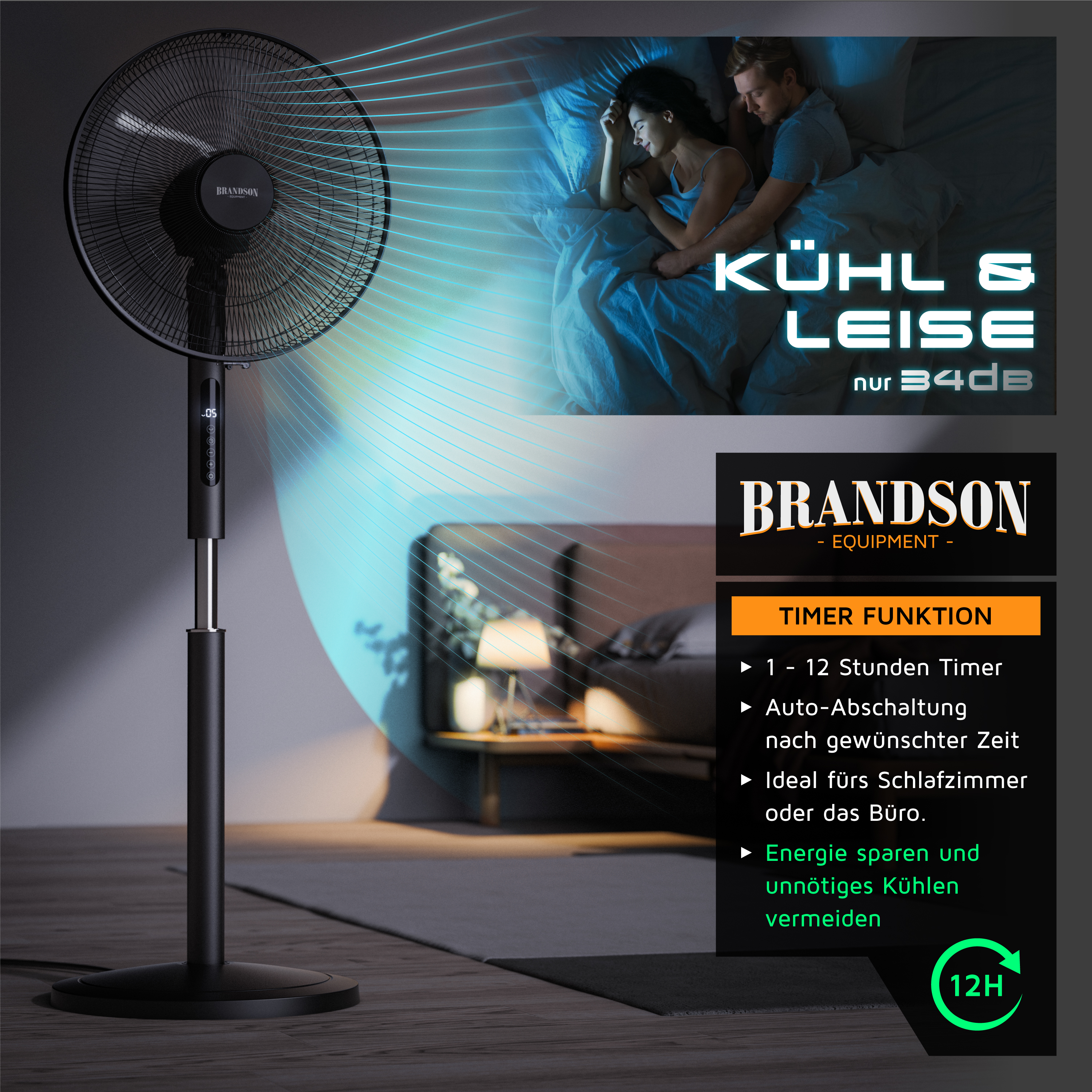 Brandson Standventilator in Schwarz mit elegantem Design, Digitalanzeige und Timerfunktion, ideal für Schlafzimmer und Büros.