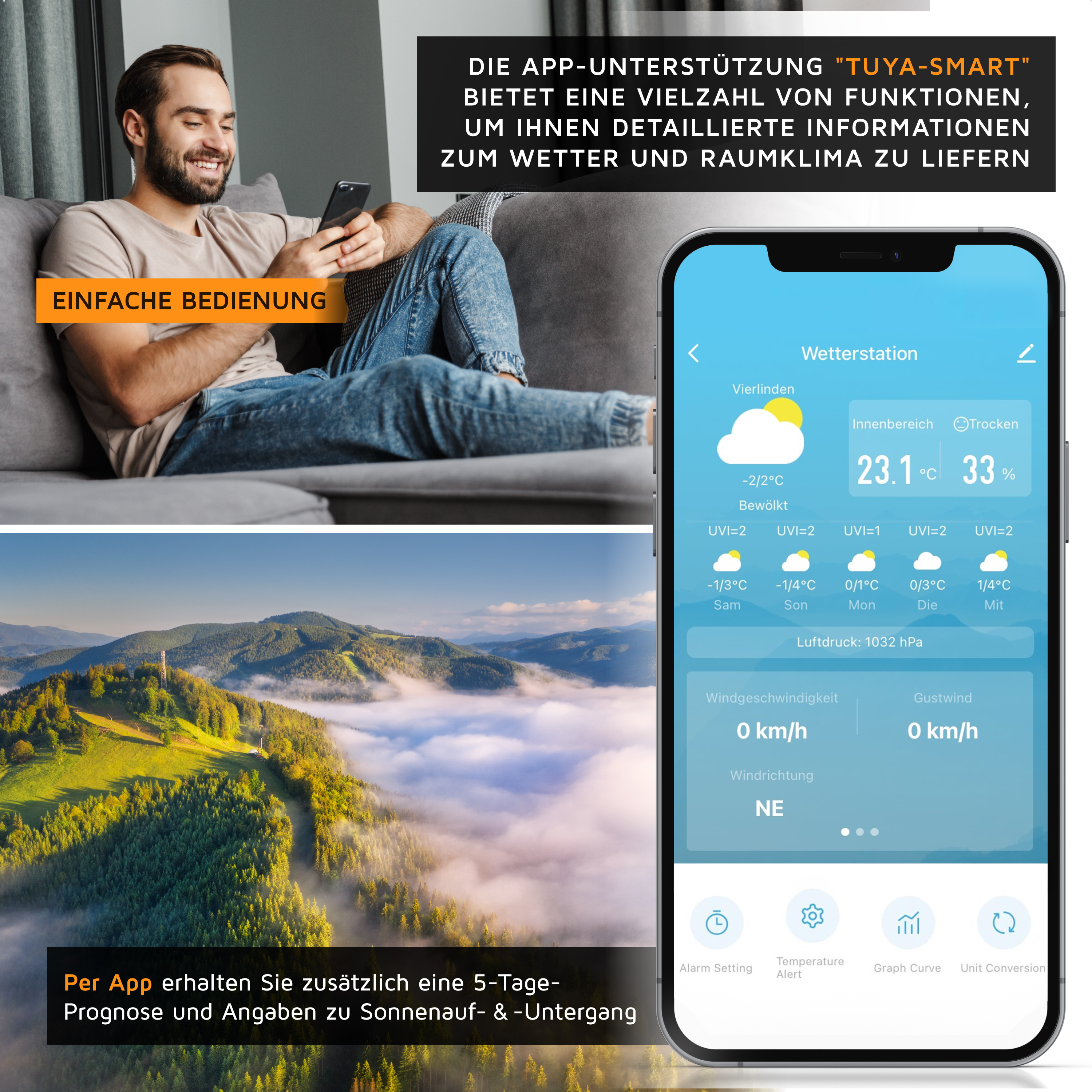 Brandson Wetterstation mit App-Unterstützung, zeigt Wetterdaten auf einem Smartphone, einfache Bedienung, detaillierte Informationen.